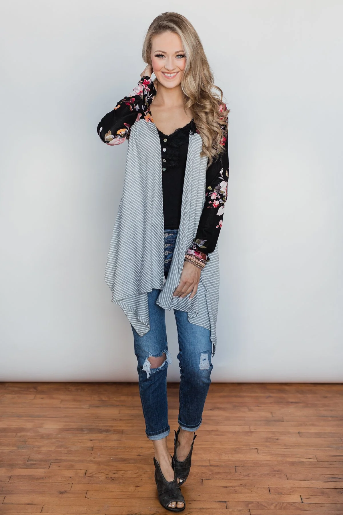 Easy Breeze Floral & Striped Cardigan- Black & Grey - Image 3