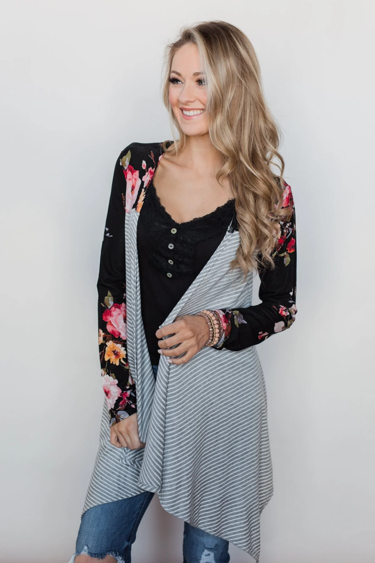 Easy Breeze Floral & Striped Cardigan- Black & Grey - Image 5