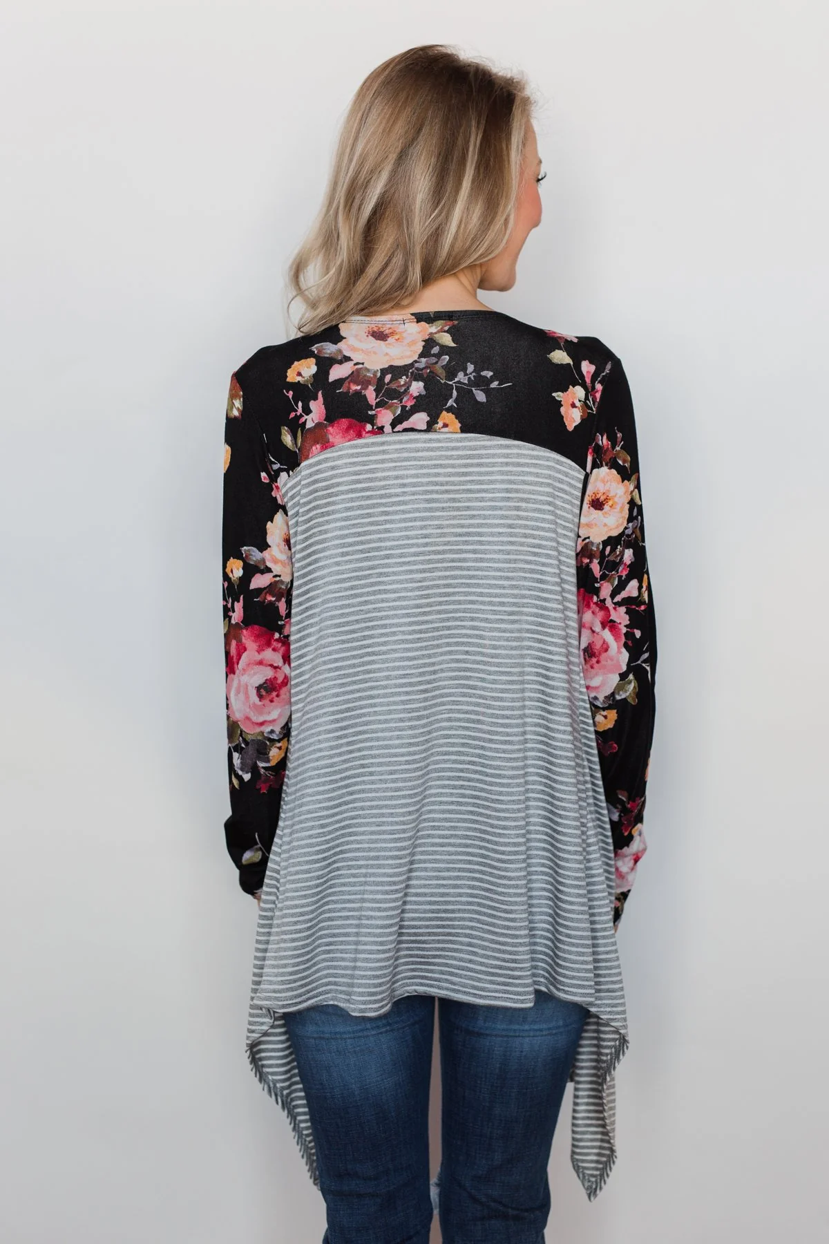 Easy Breeze Floral & Striped Cardigan- Black & Grey - Image 8
