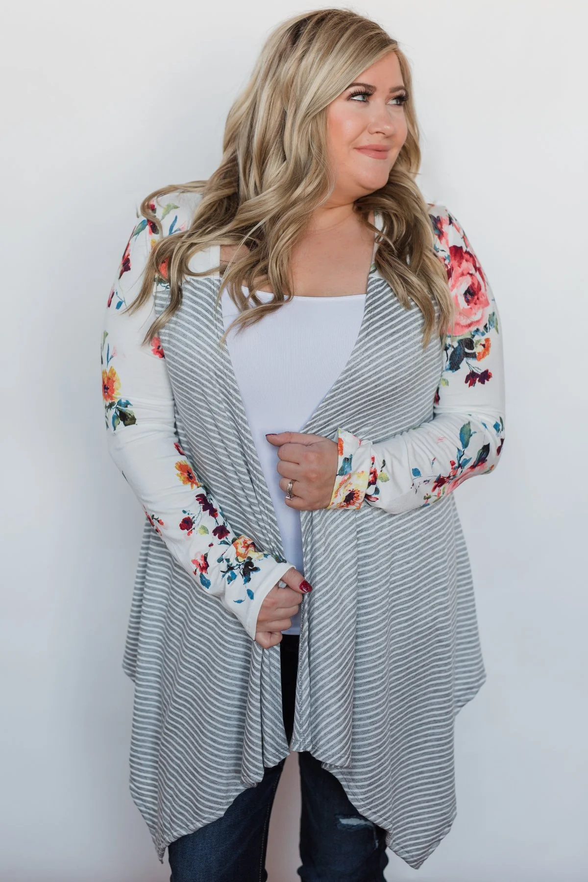 Easy Breeze Floral & Striped Cardigan- Ivory & Grey - Image 10