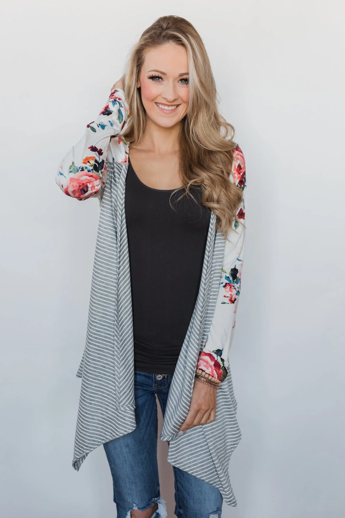 Easy Breeze Floral & Striped Cardigan- Ivory & Grey - Image 2