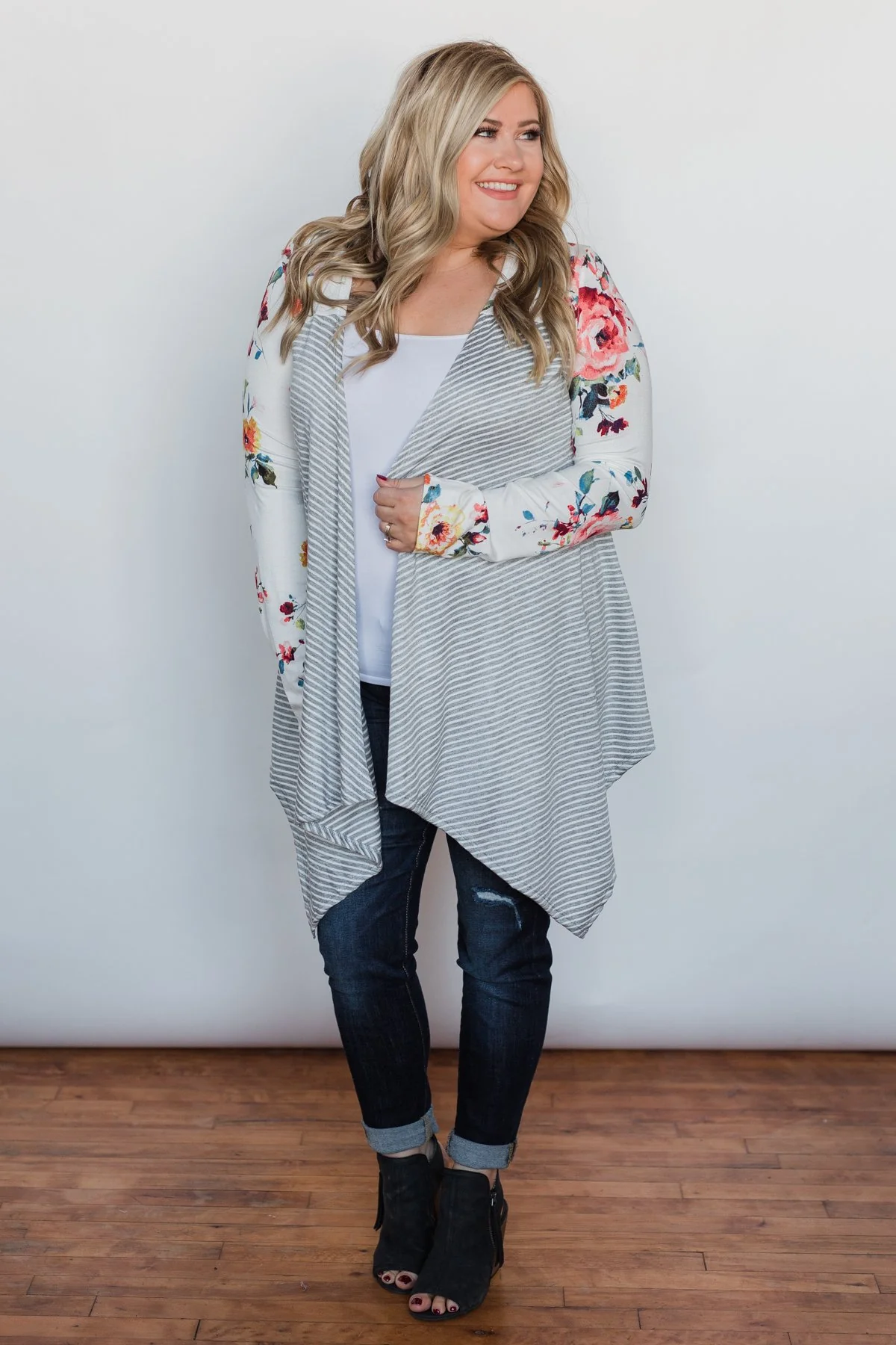 Easy Breeze Floral & Striped Cardigan- Ivory & Grey - Image 4