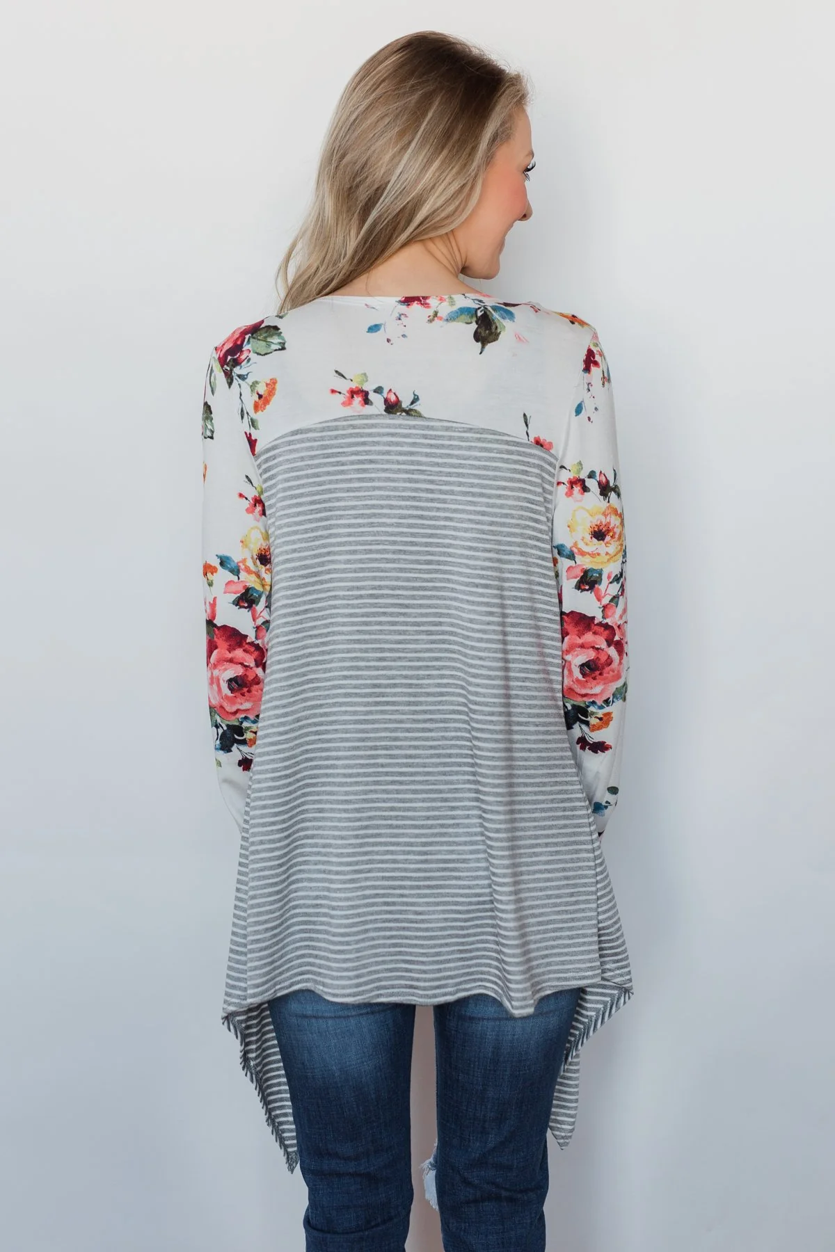 Easy Breeze Floral & Striped Cardigan- Ivory & Grey - Image 6