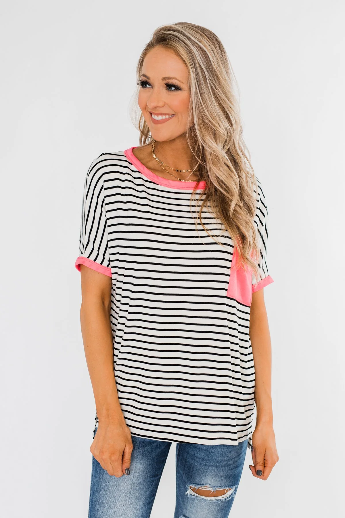 Easy Come Easy Go Striped Top- Ivory & Neon Pink - Image 2