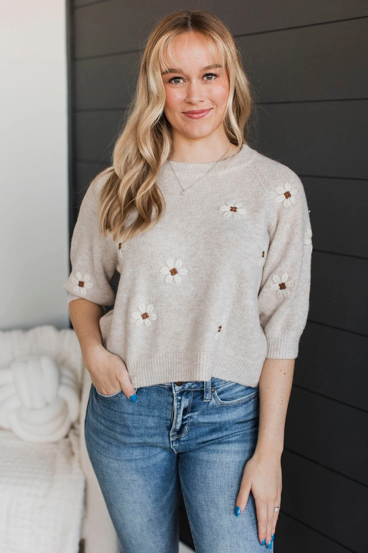 Easy Confidence Floral Sweater Top- Oatmeal - Image 2