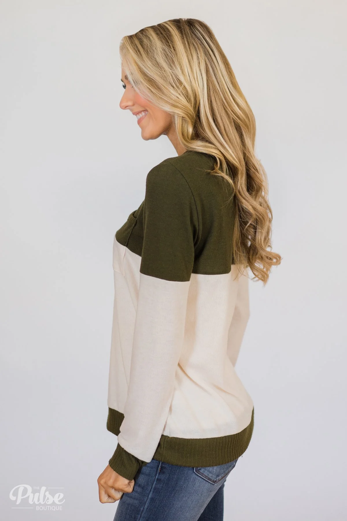 Easy Day Color Block Crewneck Sweater- Olive - Image 6