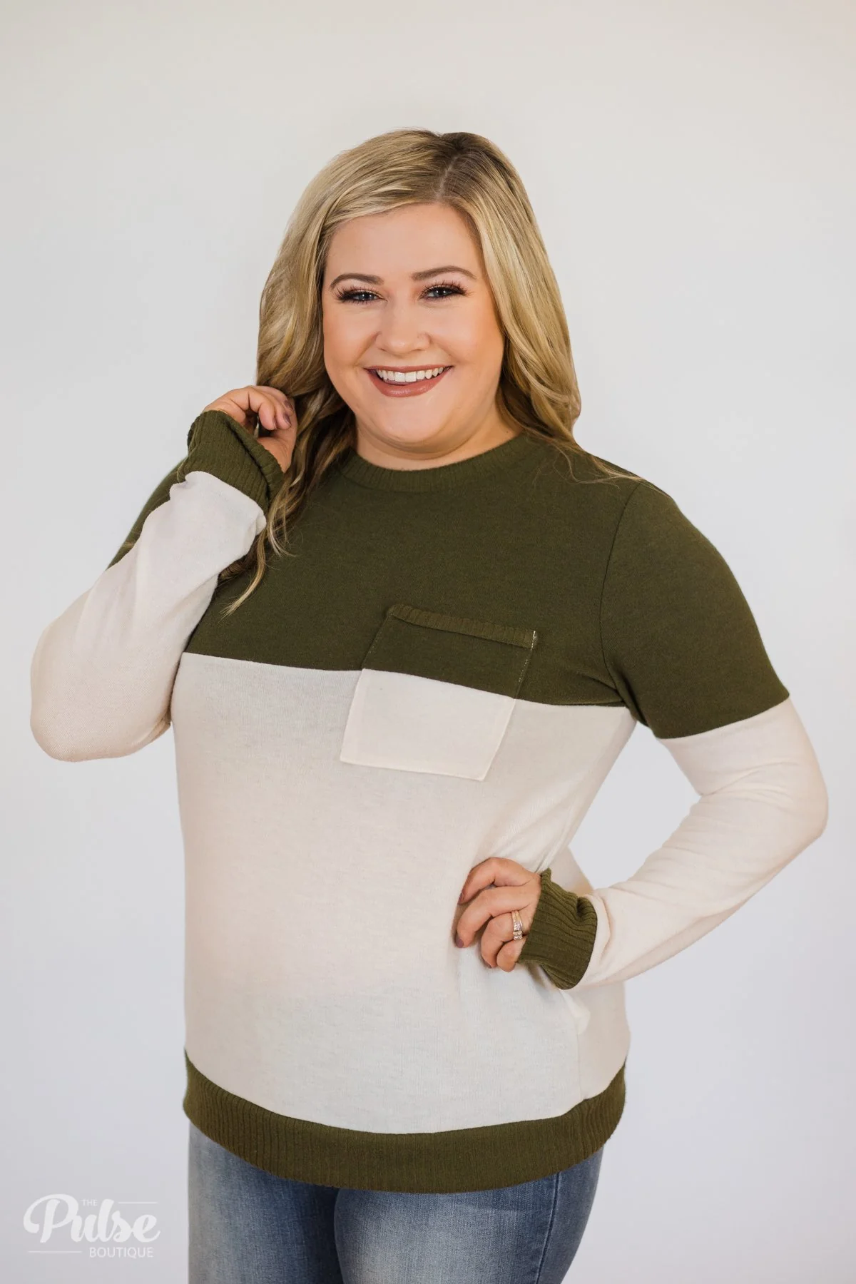 Easy Day Color Block Crewneck Sweater- Olive - Image 8