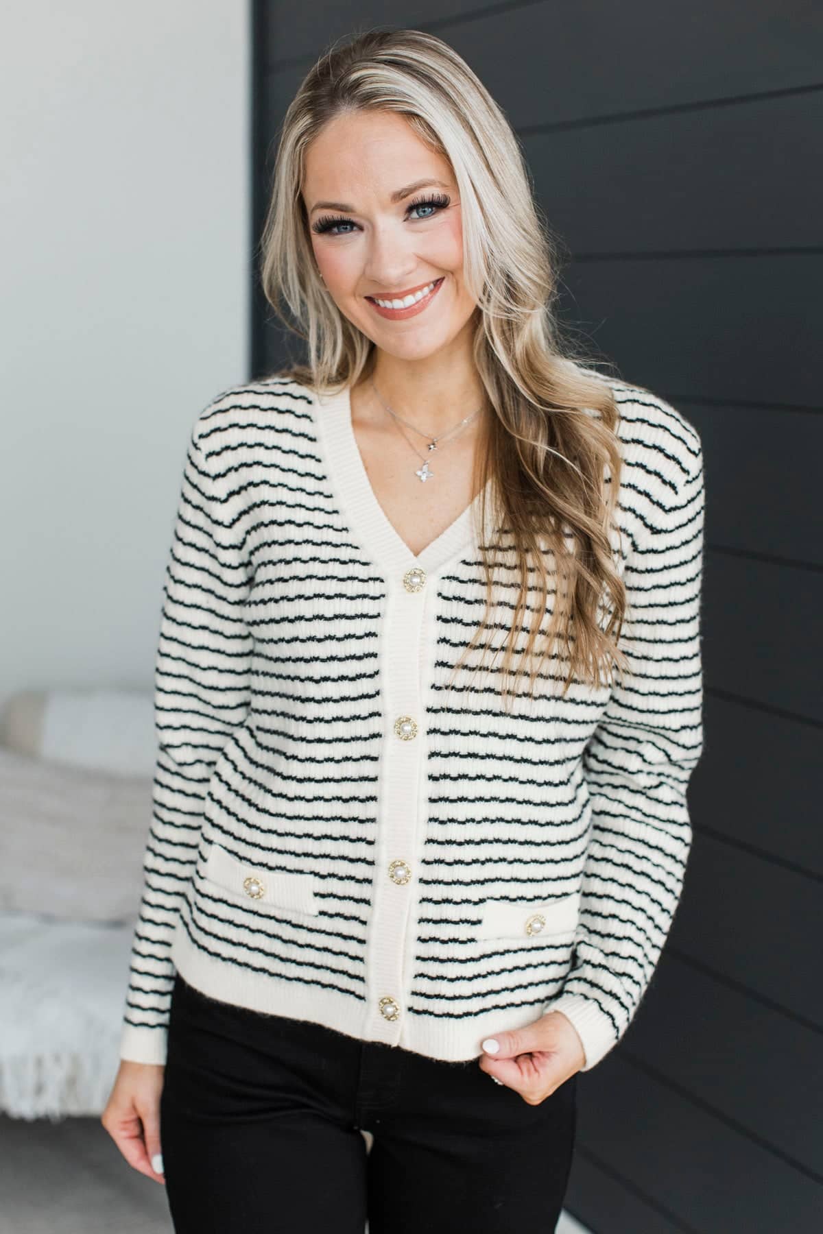 Easy Elegance Striped Knit Cardigan- Ivory & Black