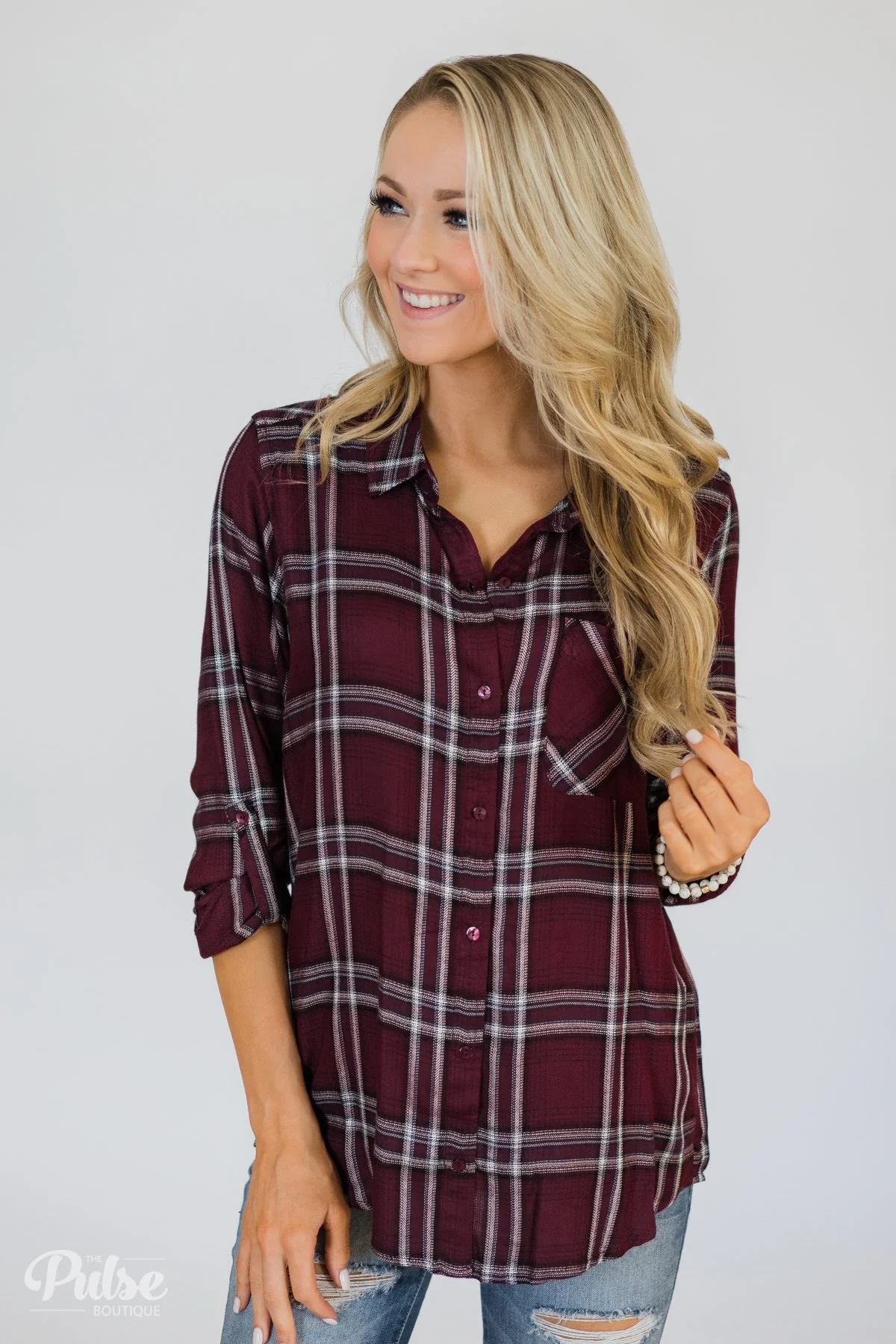 Easy Going Button Up Plaid Top- Plum - Image 2