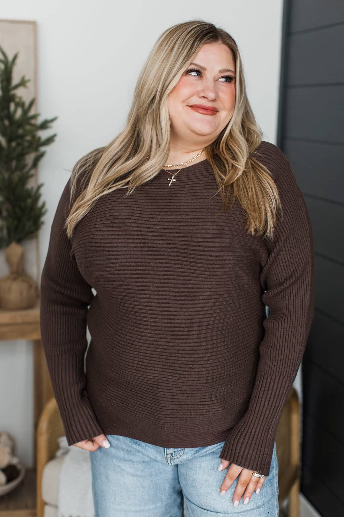 Easy Harmony Horizontal Ribbed Knit Sweater- Brown - Image 4