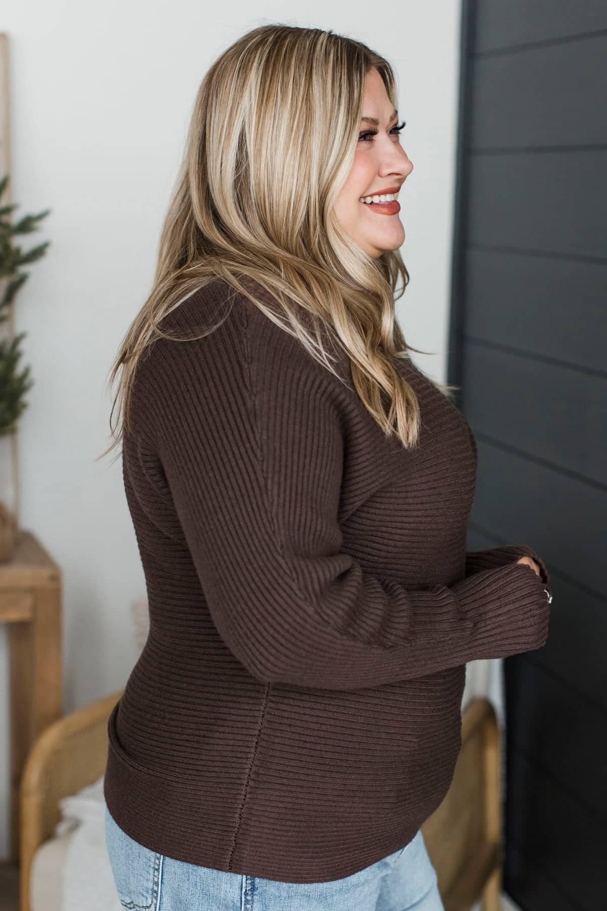 Easy Harmony Horizontal Ribbed Knit Sweater- Brown - Image 6