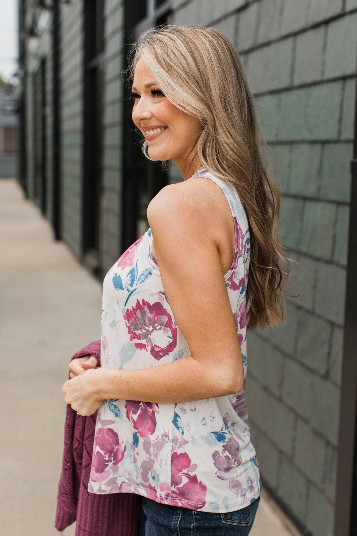 Easy Loving Floral Tank Top- Eggshell & Mauve - Image 3