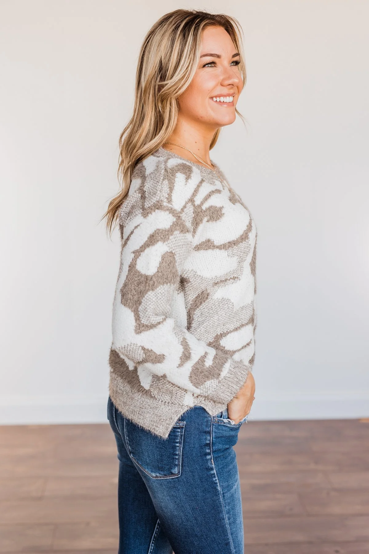 Easy Mornings Thick Knit Camo Sweater- Mocha & Ivory - Image 8