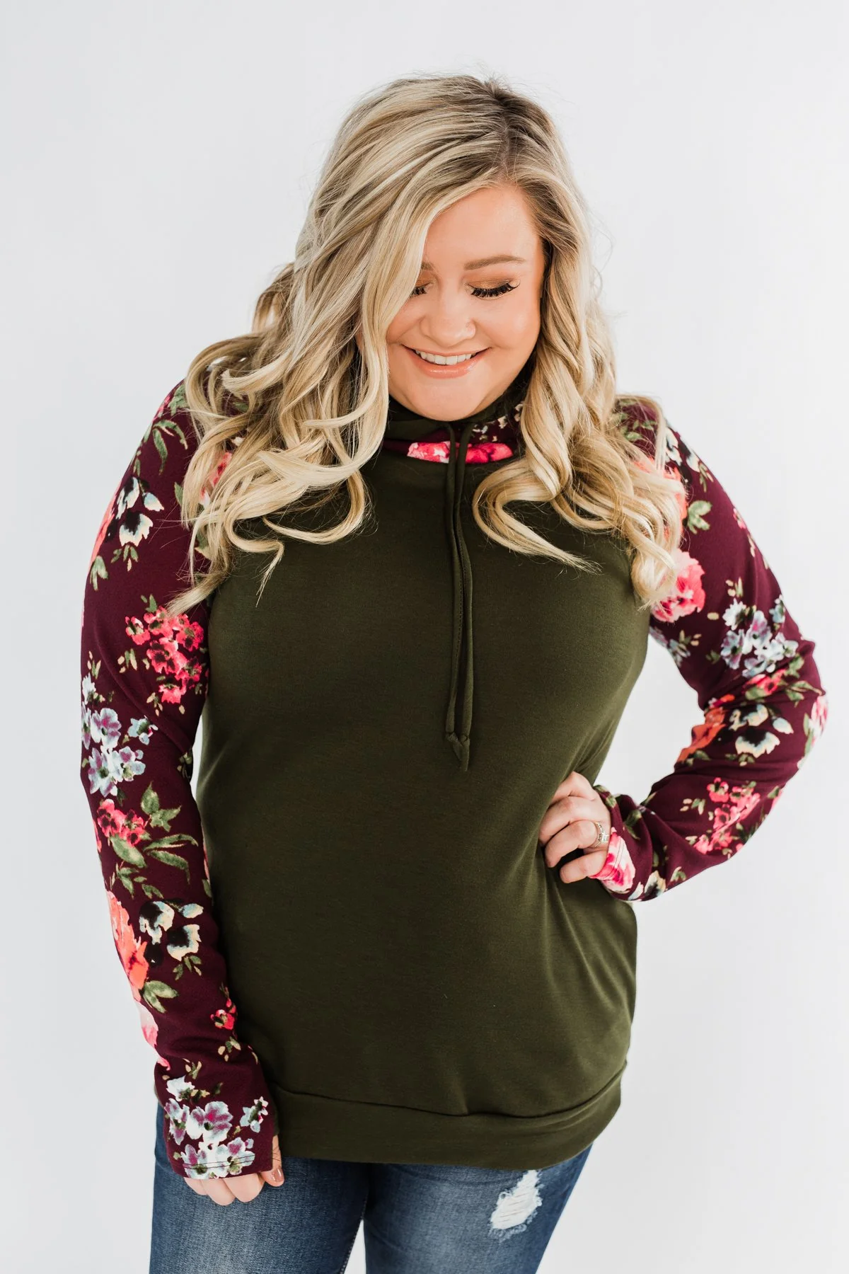 Easy On The Eyes Floral Double Hoodie- Army Green - Image 8