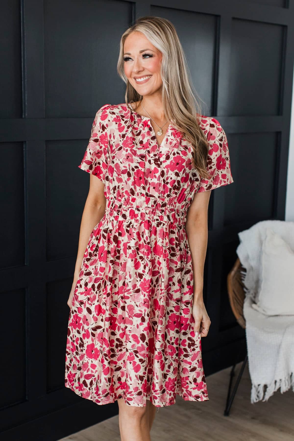 Easy To Admire Short Sleeve Floral Dress- Pink & Wine