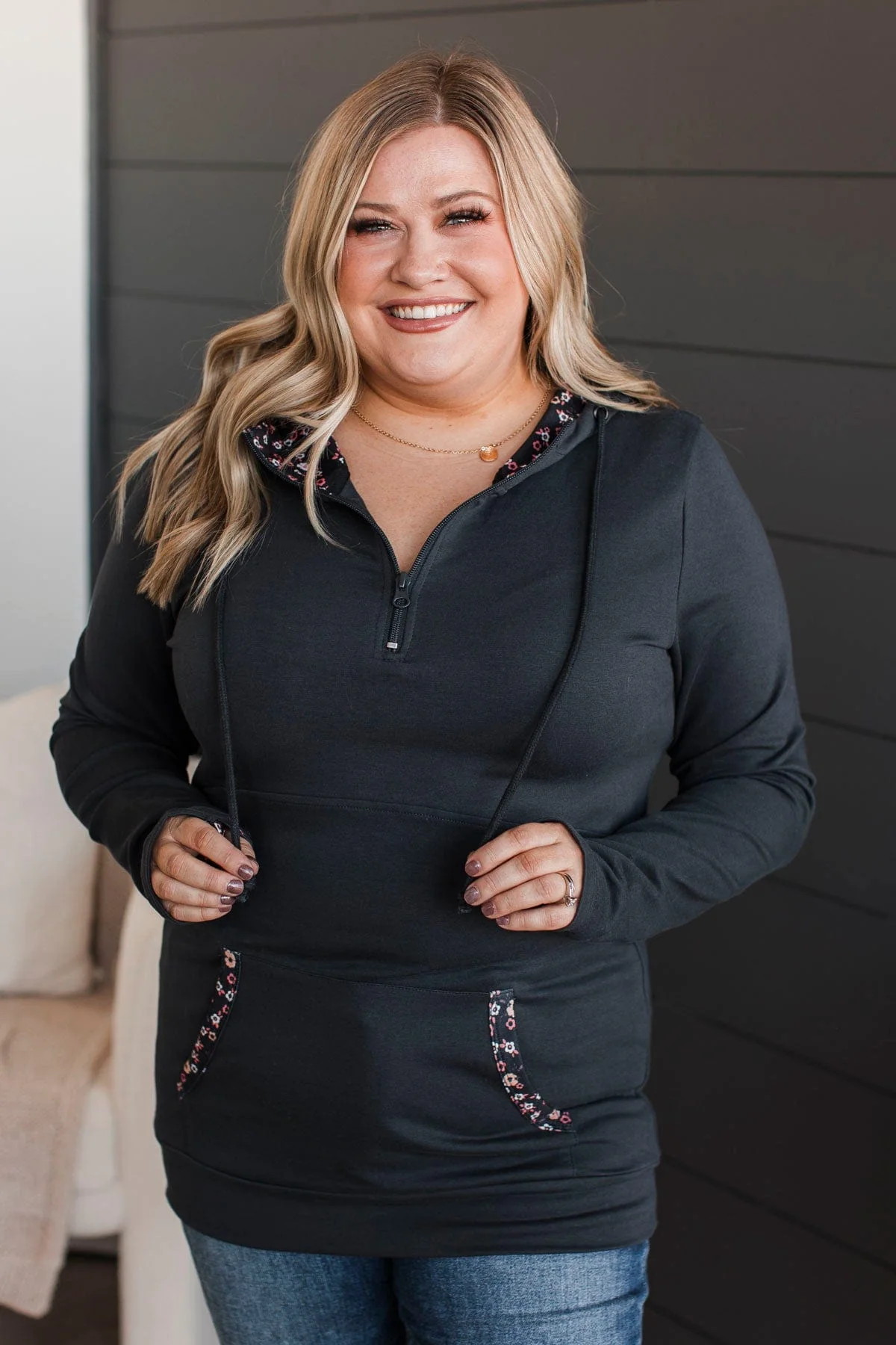 Easy To Love Quarter Zip Hoodie- Black Floral - Image 4