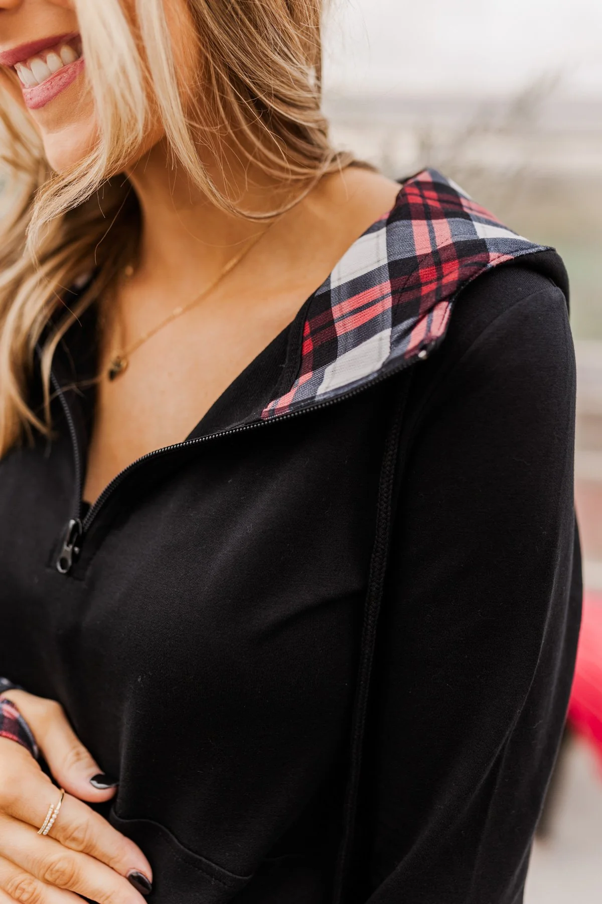 Easy To Love Quarter Zip Hoodie- Red & Black - Image 2