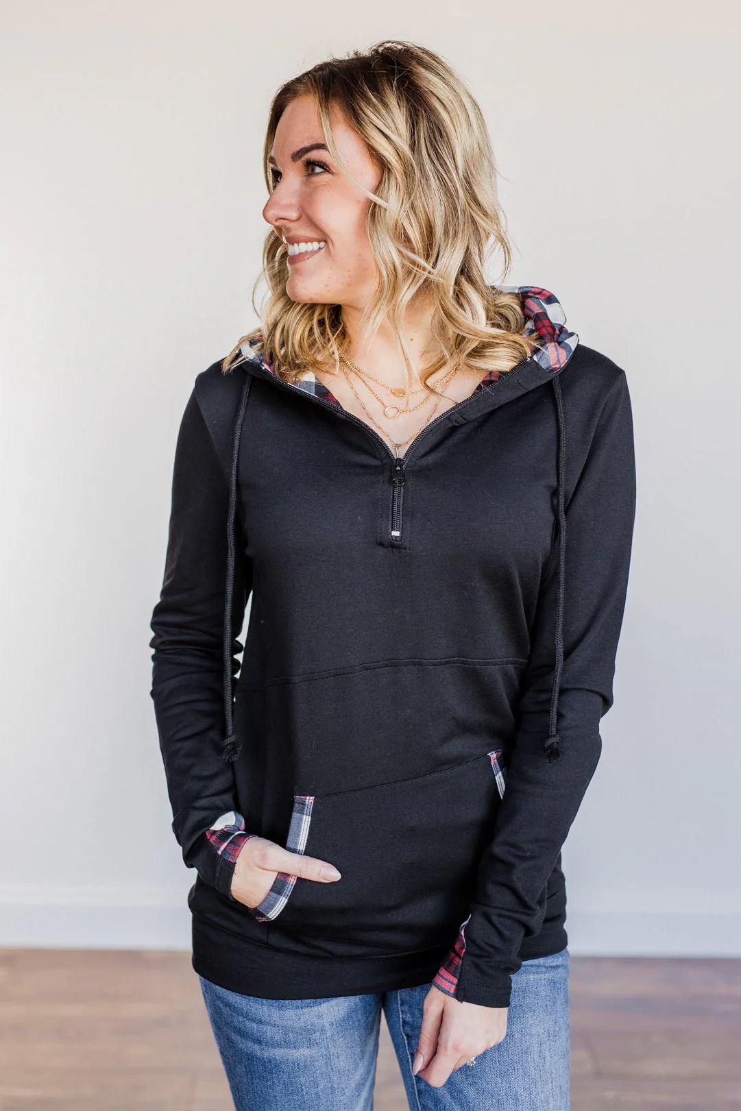 Easy To Love Quarter Zip Hoodie- Red & Black - Image 5