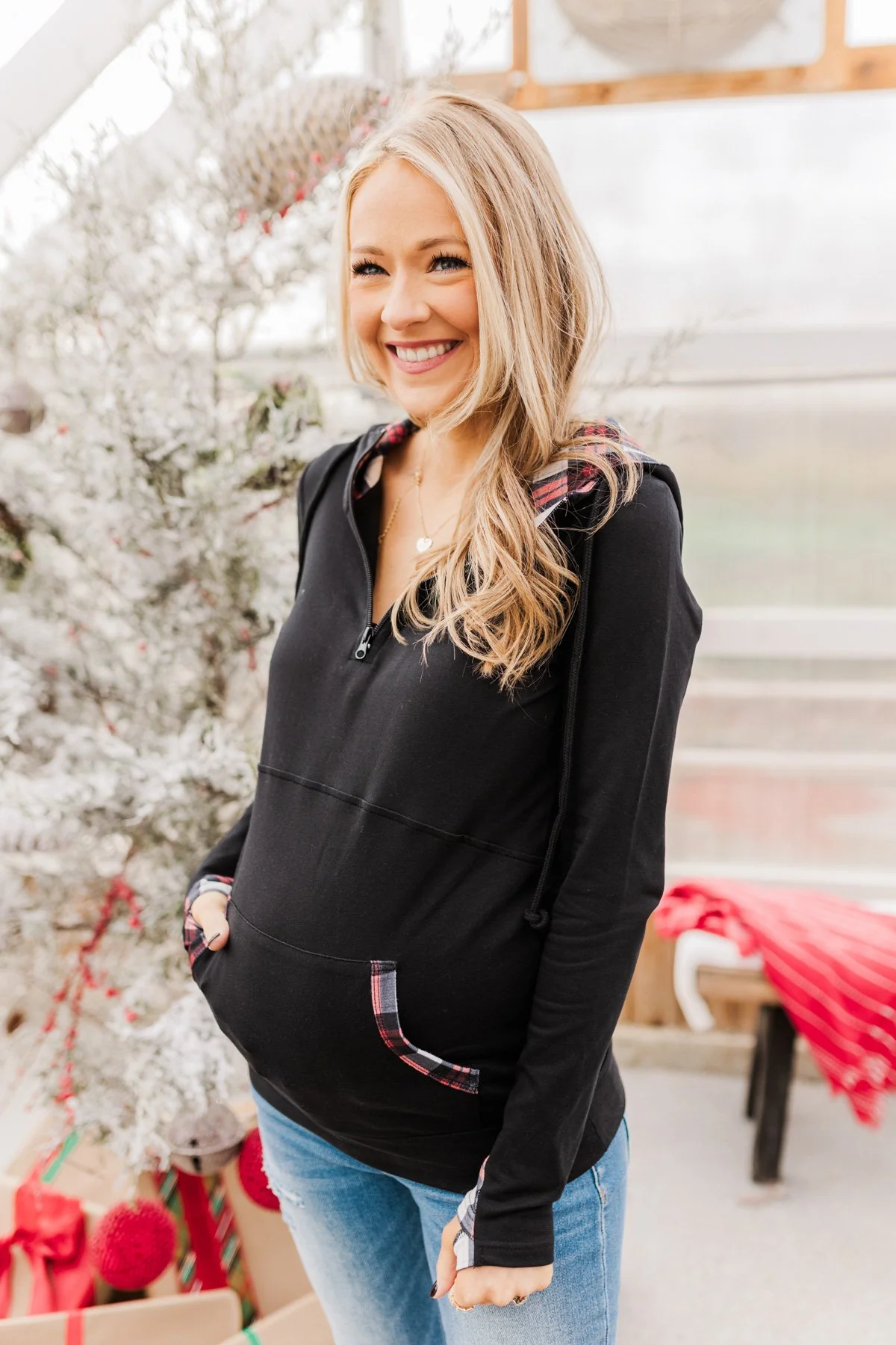 Easy To Love Quarter Zip Hoodie- Red & Black - Image 7
