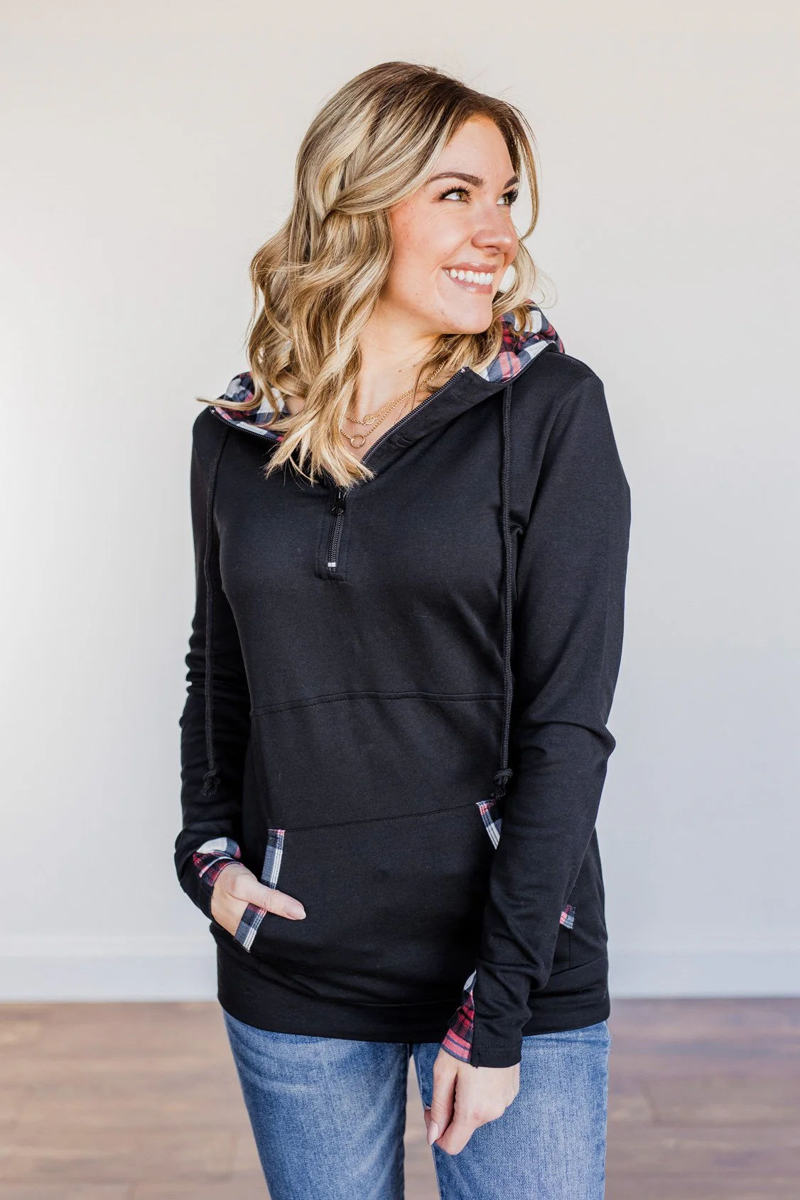 Easy To Love Quarter Zip Hoodie- Red & Black - Image 9