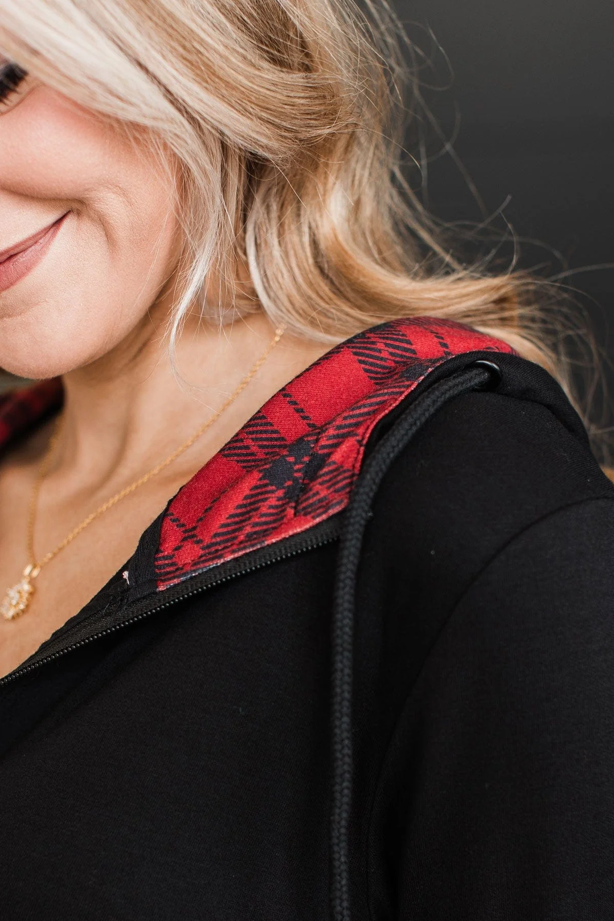 Easy To Love Quarter Zip Hoodie- Black & Red Plaid - Image 8