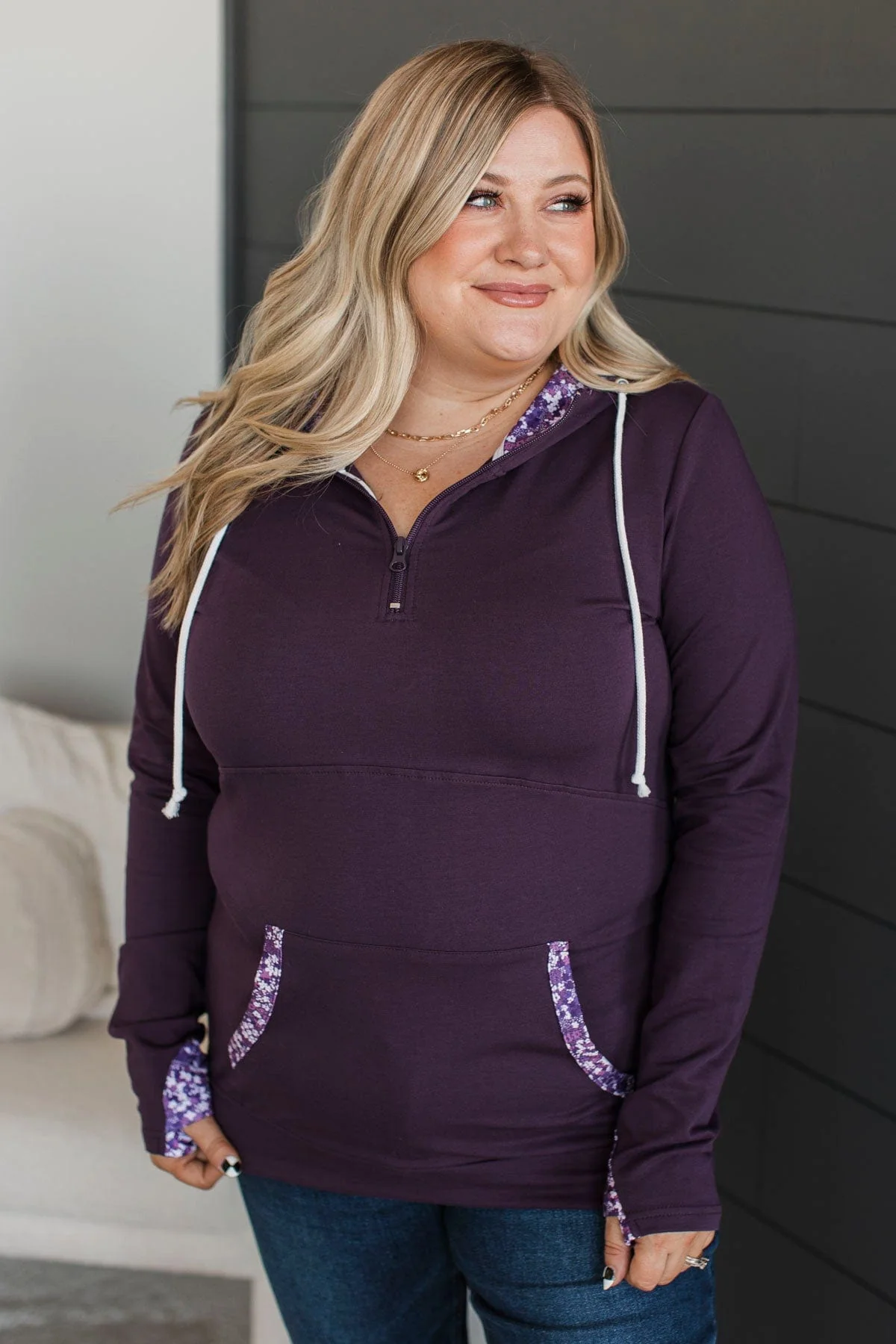 Easy To Love Quarter Zip Hoodie- Deep Plum - Image 3