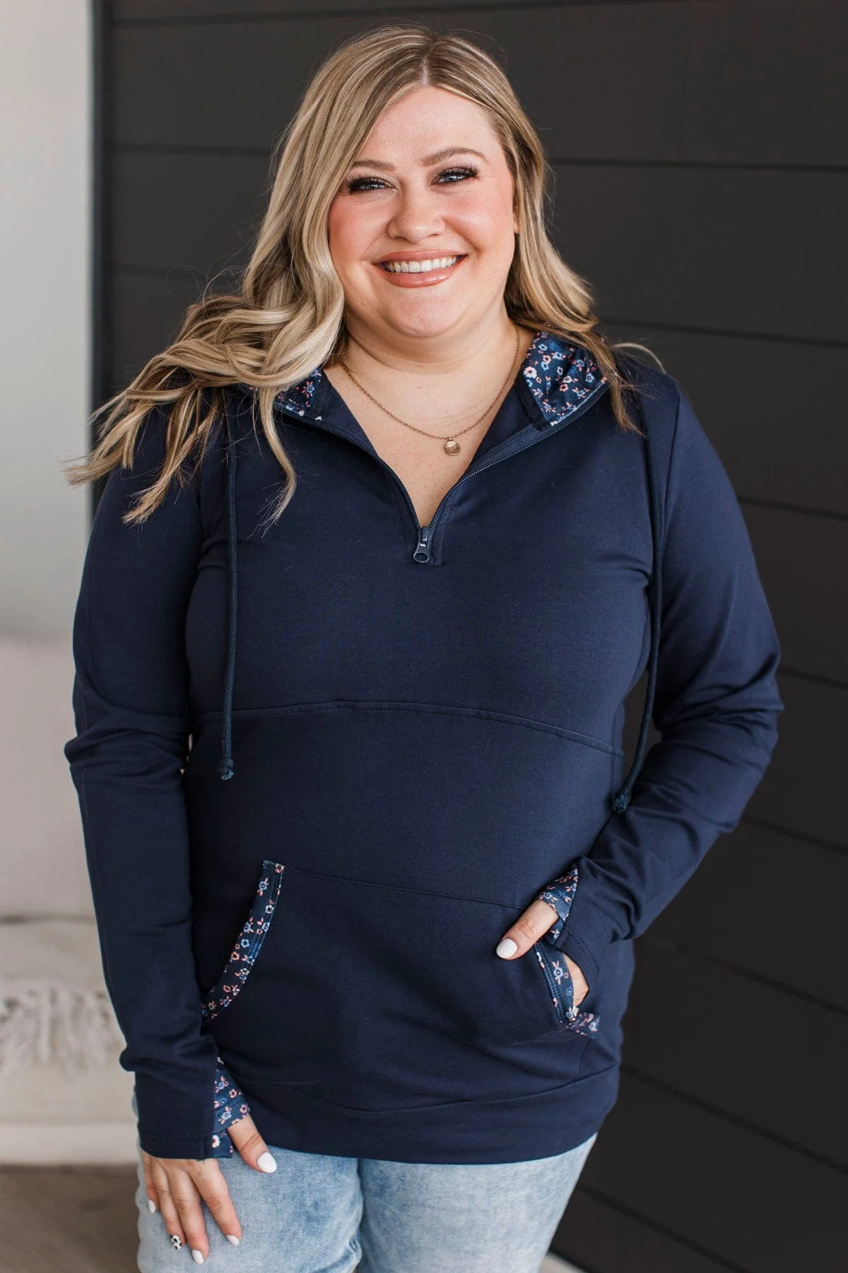 Easy To Love Quarter Zip Hoodie- Navy Floral - Image 2