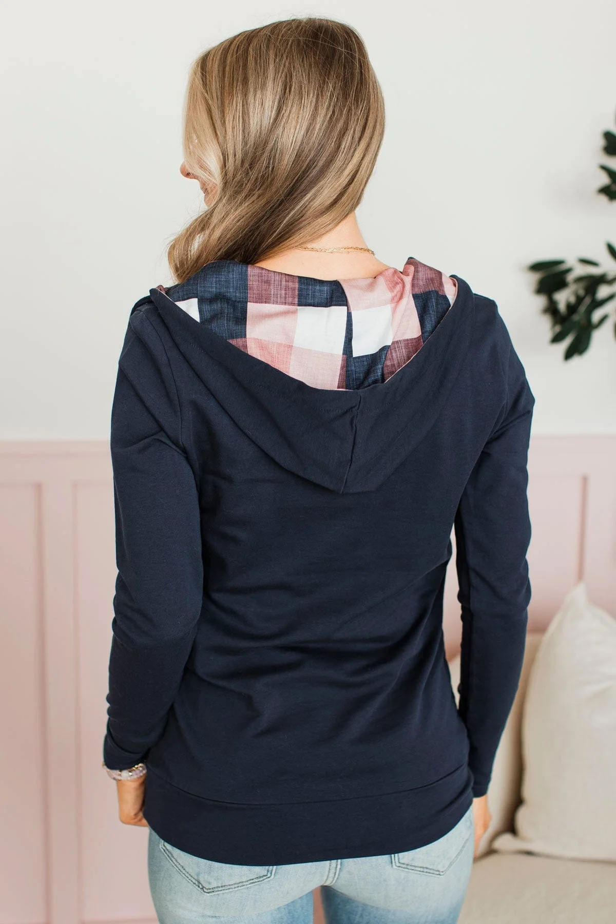 Easy To Love Quarter Zip Hoodie- Navy & Pink Plaid - Image 9