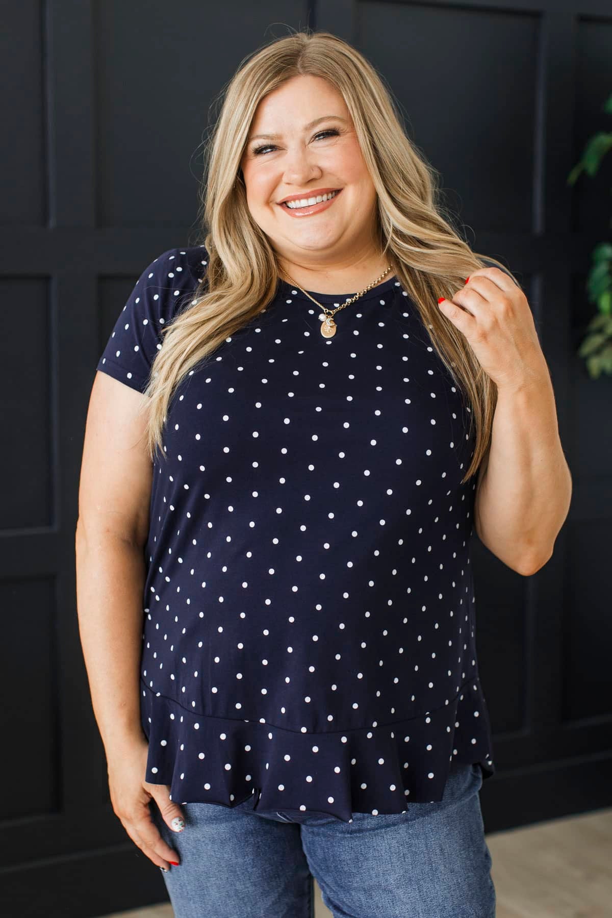 Echoes Of Our Past Polka Dot Print Top- Navy - Image 3