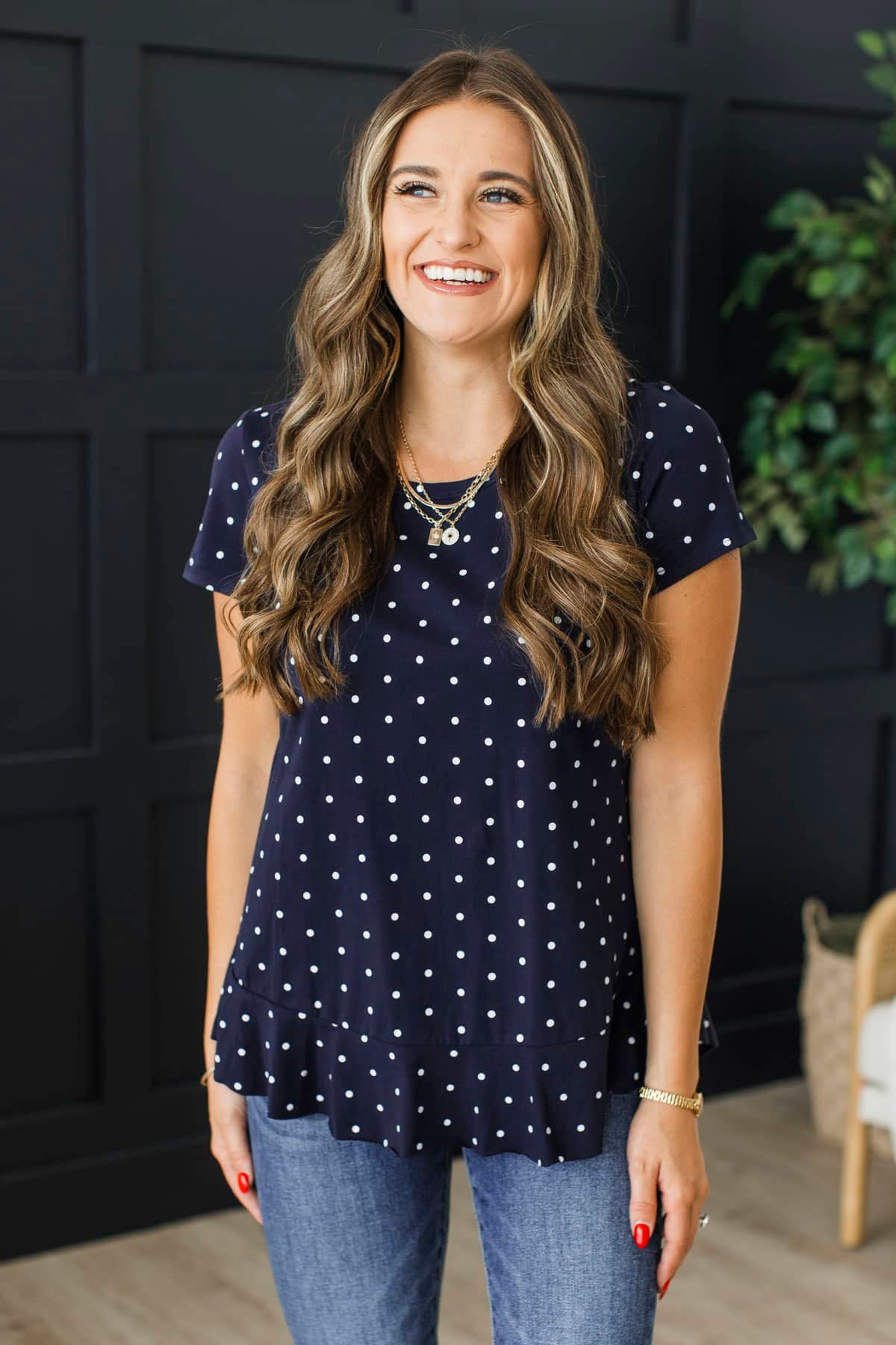 Echoes Of Our Past Polka Dot Print Top- Navy - Image 4