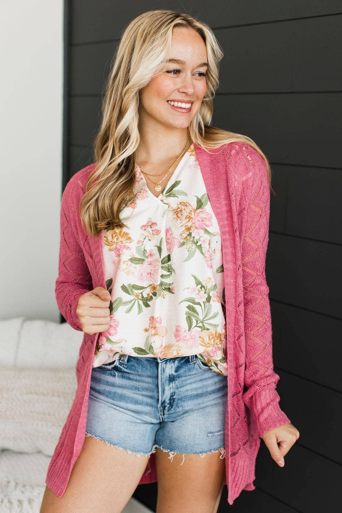 Effortless Perfection Pointelle Cardigan- Dark Bubblegum Pink - Image 2