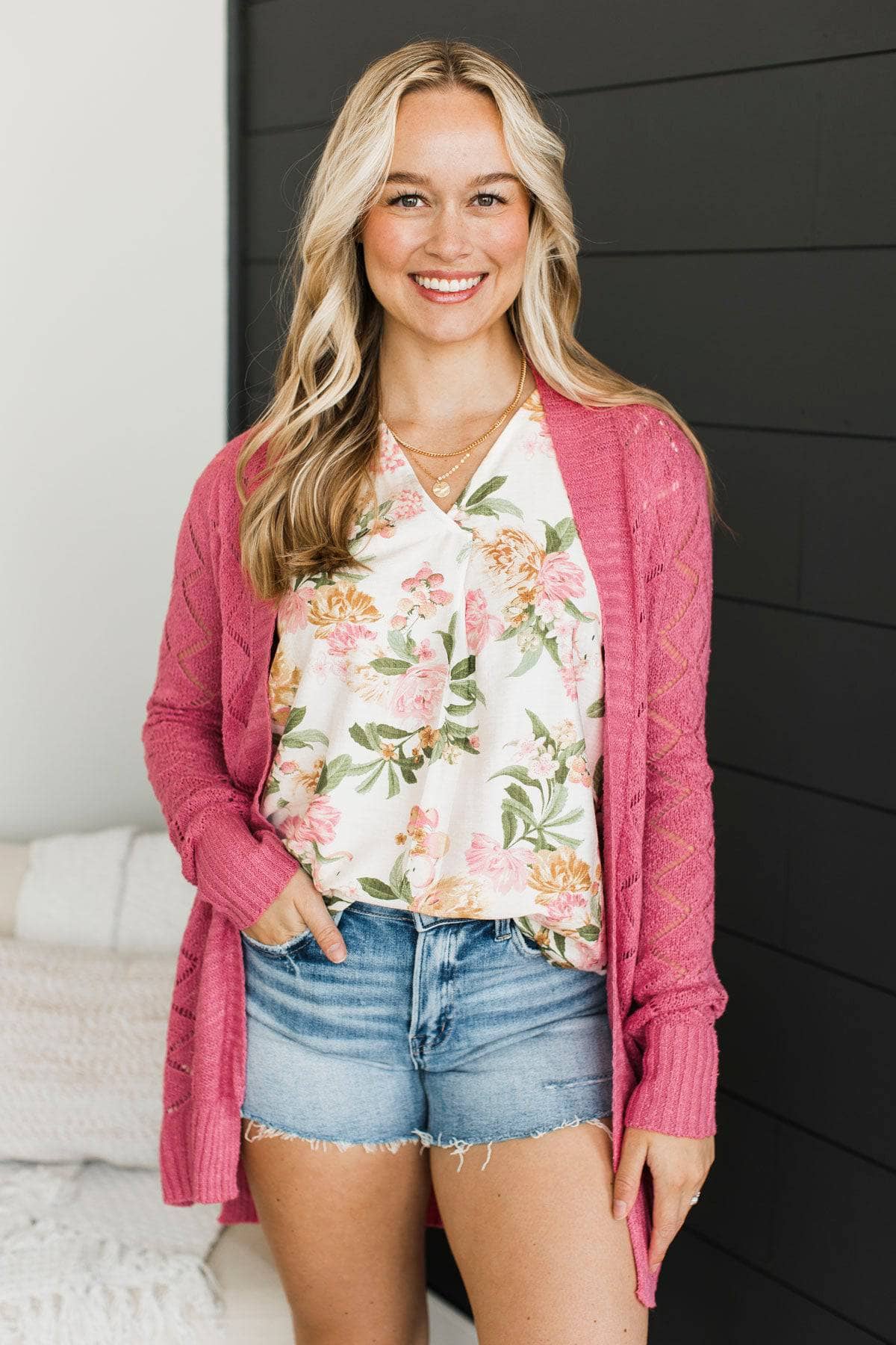 Effortless Perfection Pointelle Cardigan- Dark Bubblegum Pink - Image 3