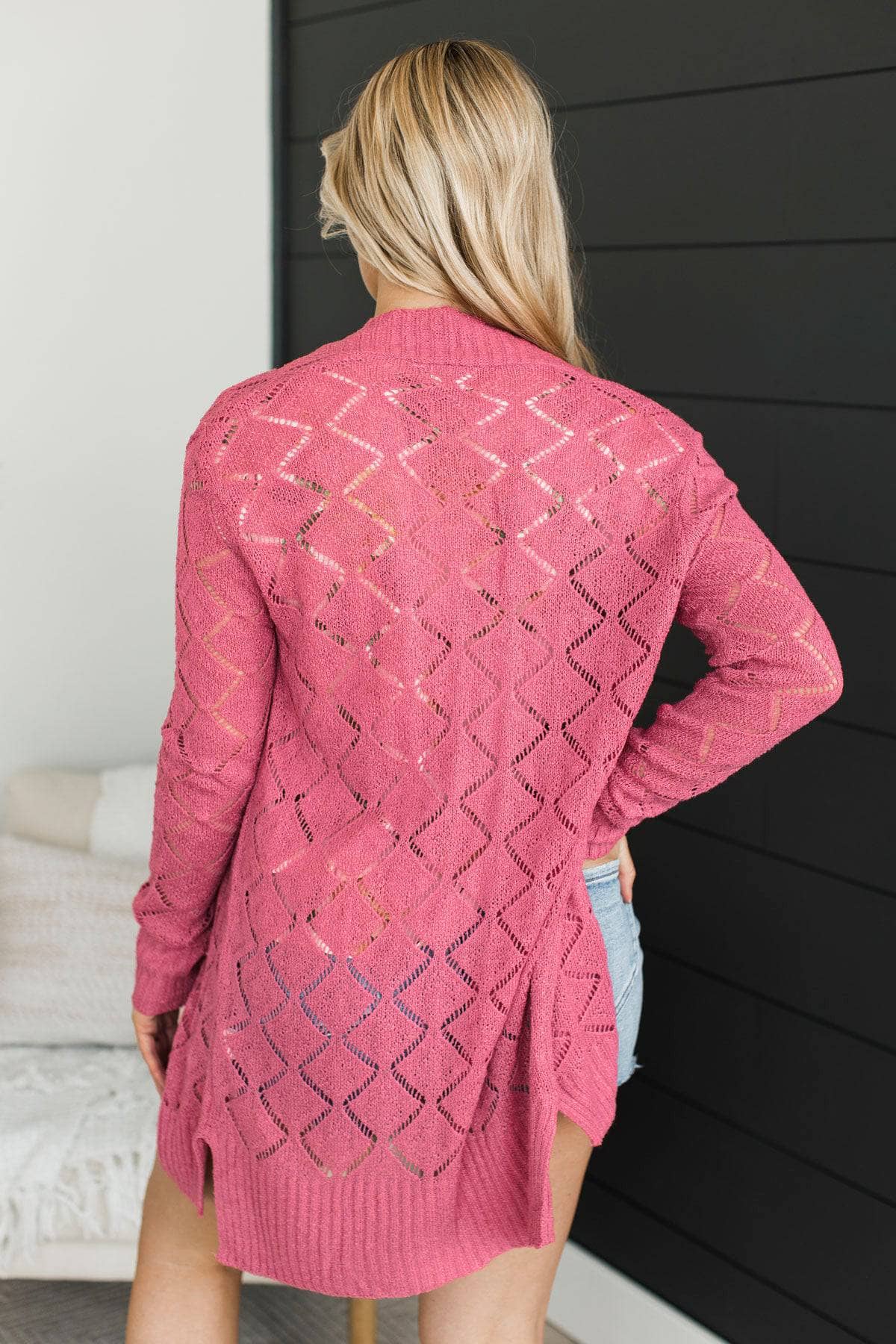 Effortless Perfection Pointelle Cardigan- Dark Bubblegum Pink - Image 7