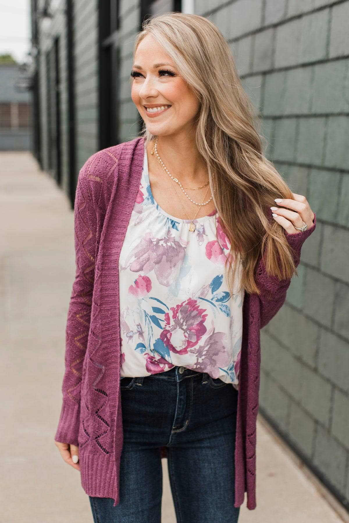 Effortless Perfection Pointelle Cardigan- Dark Mauve - Image 3