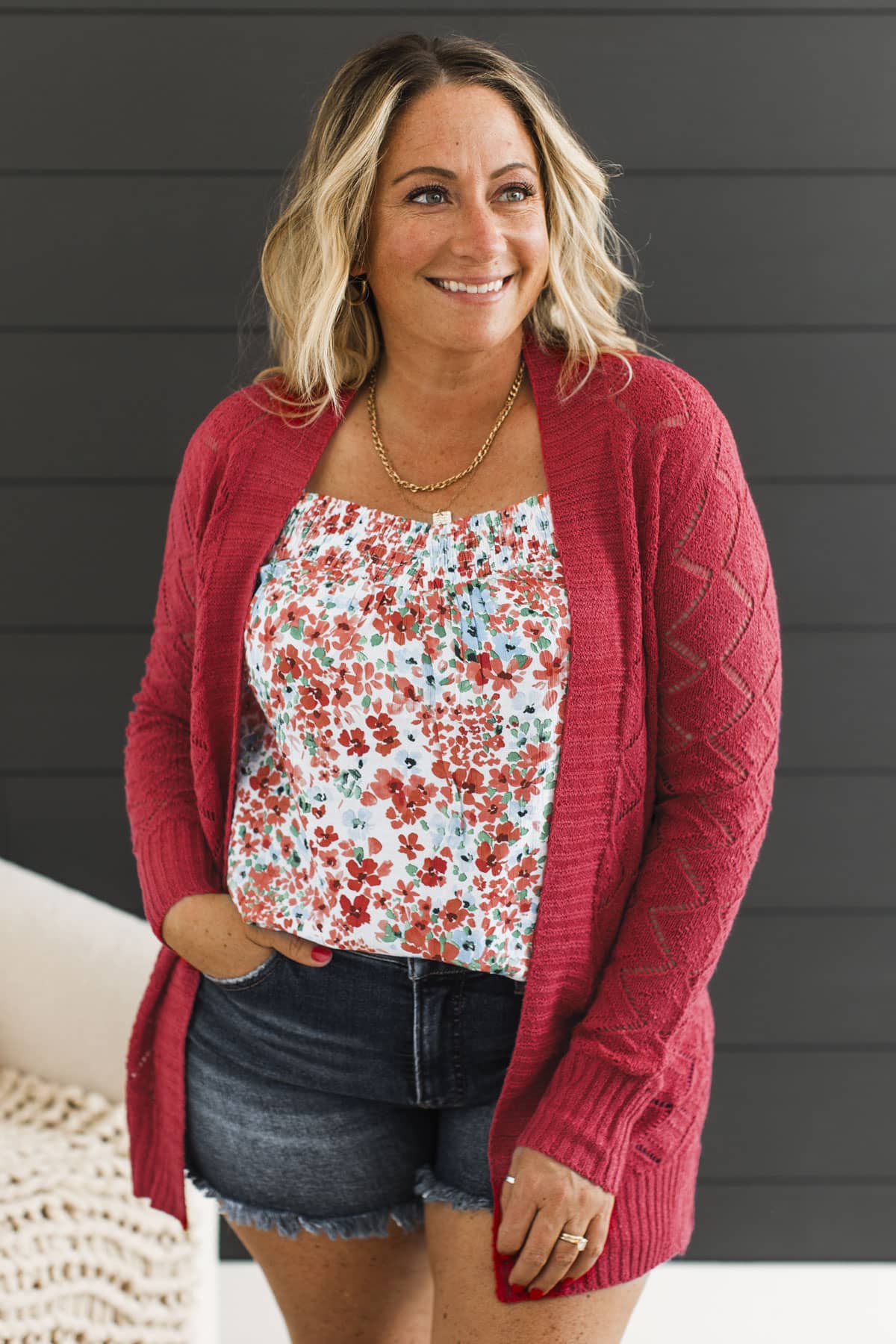 Effortless Perfection Pointelle Cardigan- Red