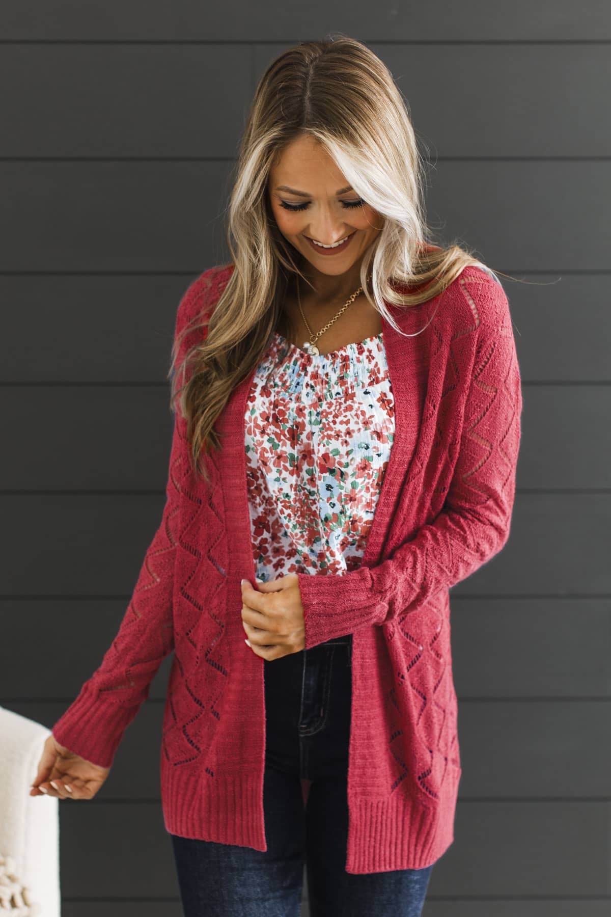 Effortless Perfection Pointelle Cardigan- Red - Image 2