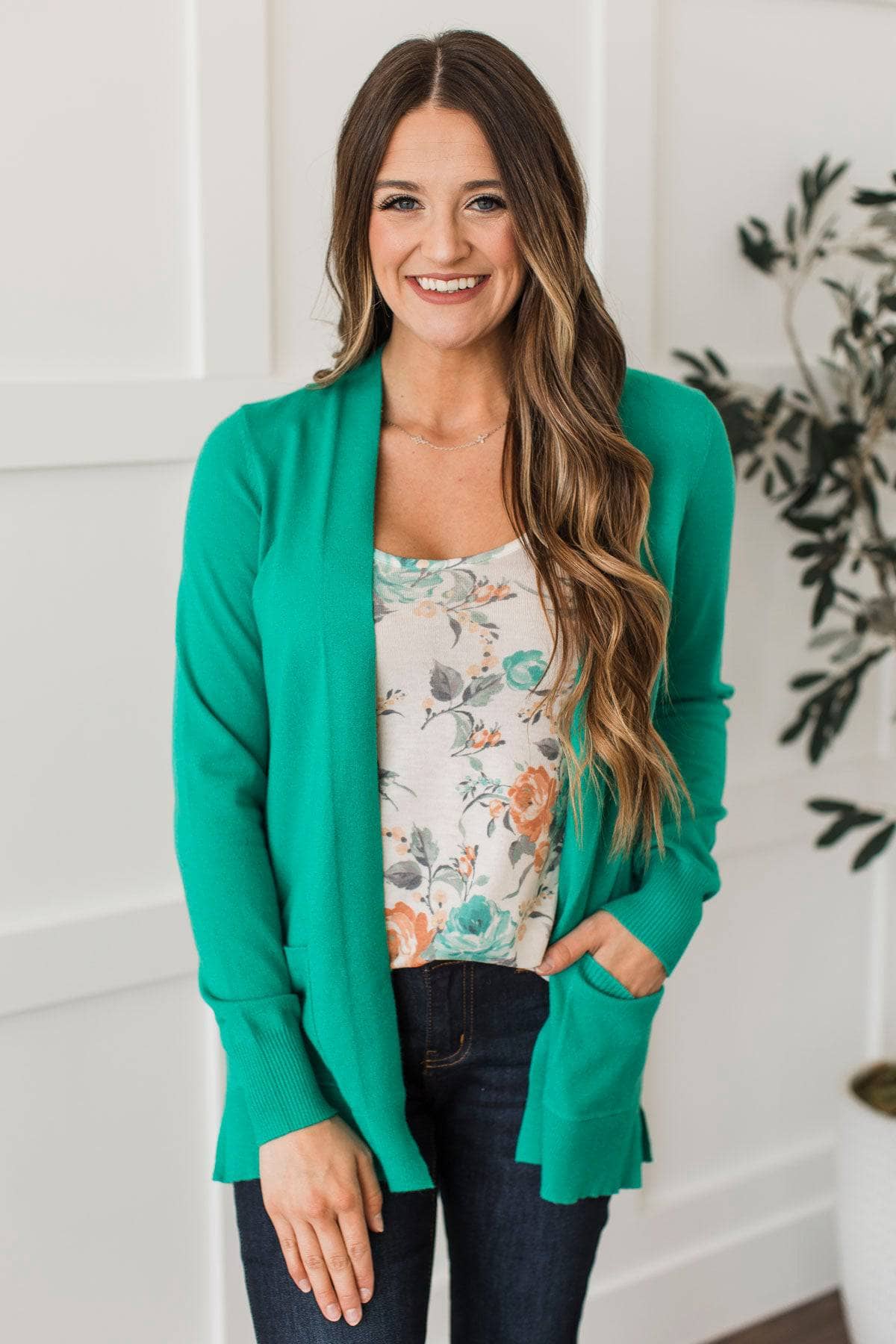 Effortless Pick Open Front Cardigan- Emerald - Image 3