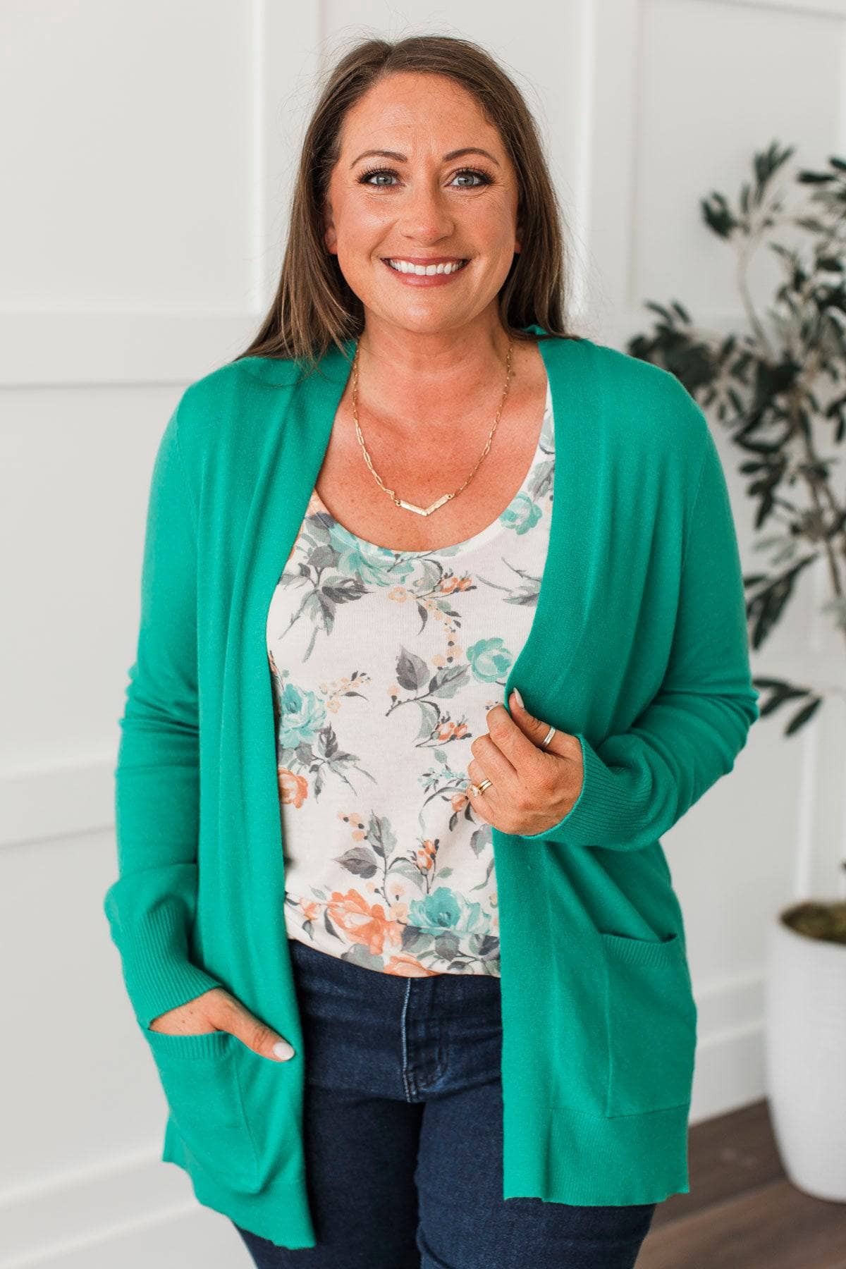 Effortless Pick Open Front Cardigan- Emerald - Image 4
