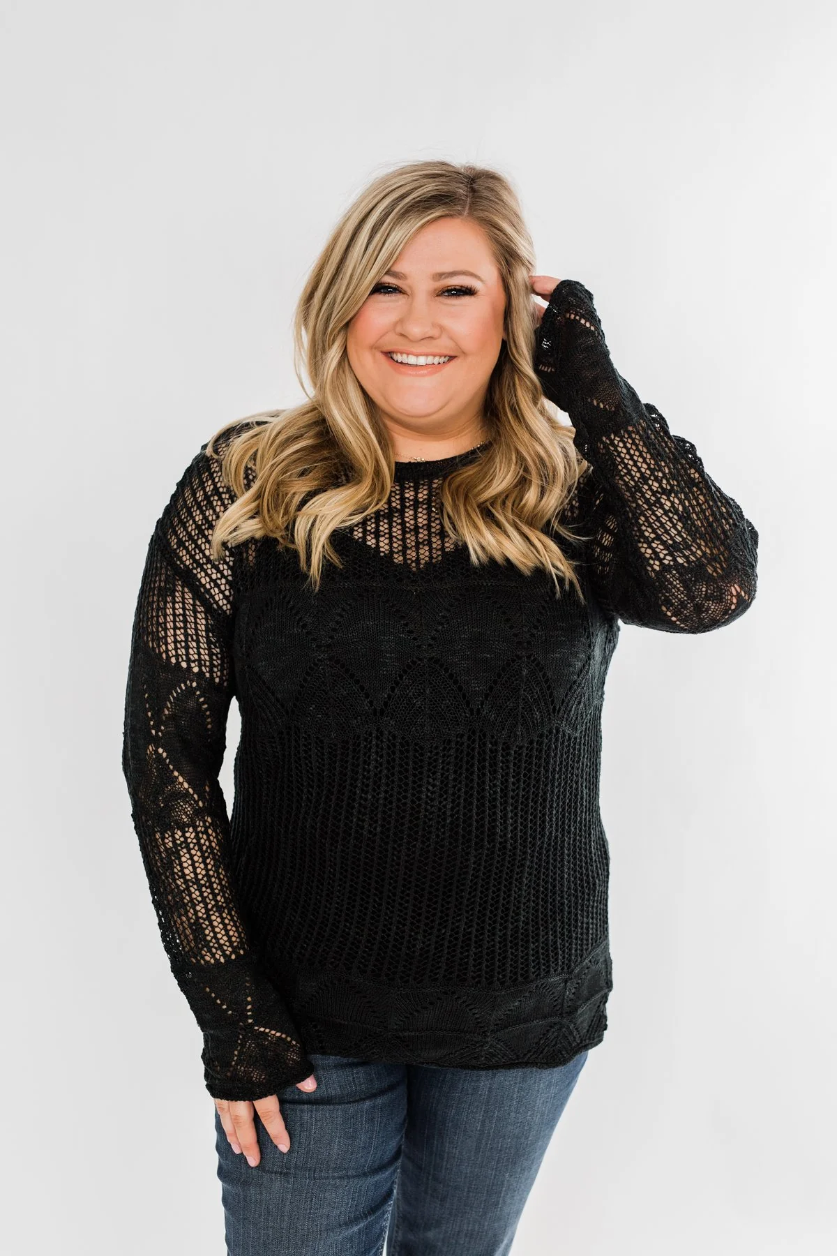 Effortless Smiles Open Knit Sweater- Black - Image 11