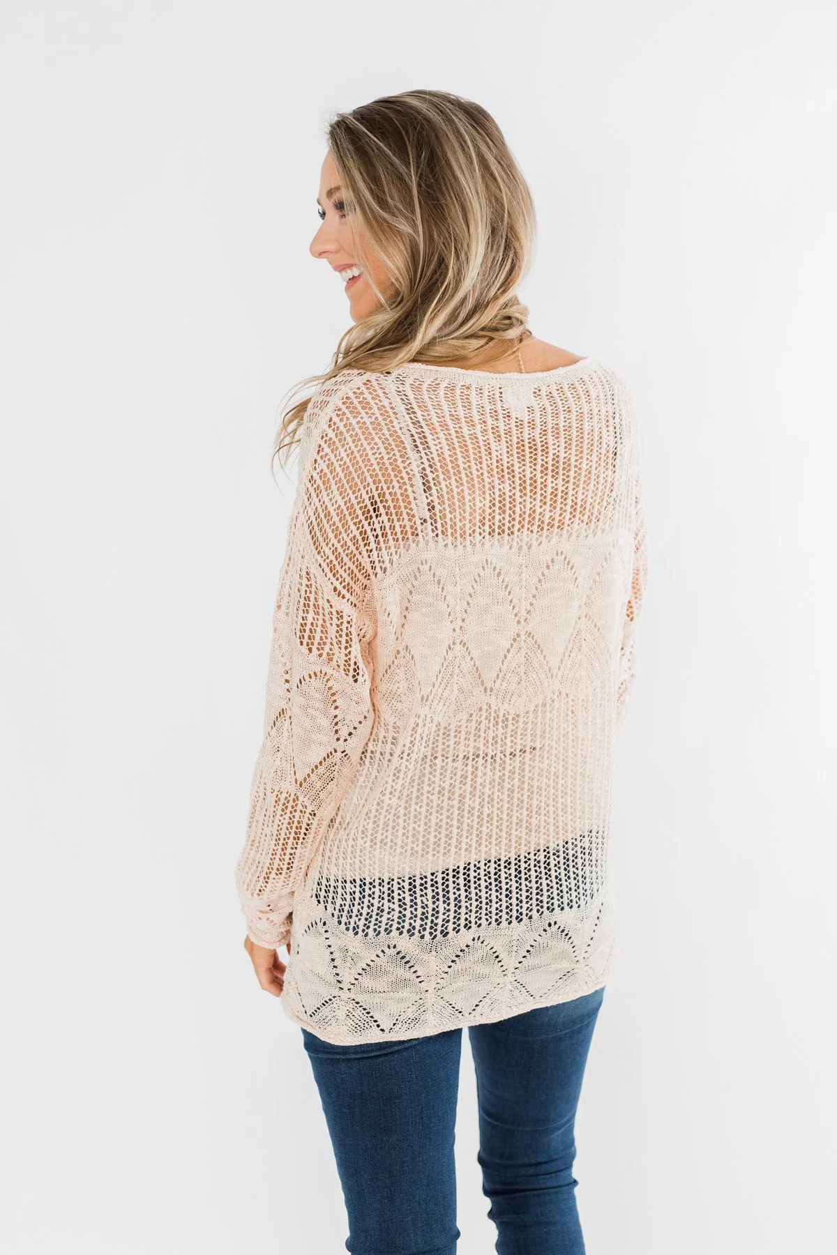 Effortless Smiles Open Knit Sweater- Light Peach - Image 15