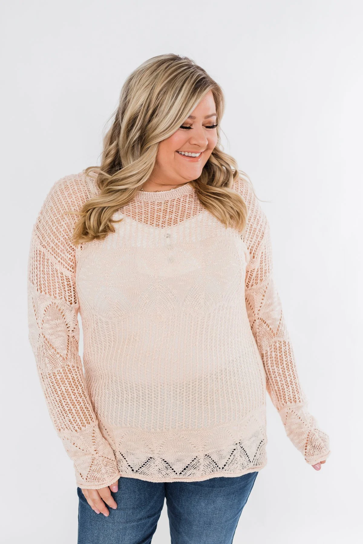 Effortless Smiles Open Knit Sweater- Light Peach - Image 5