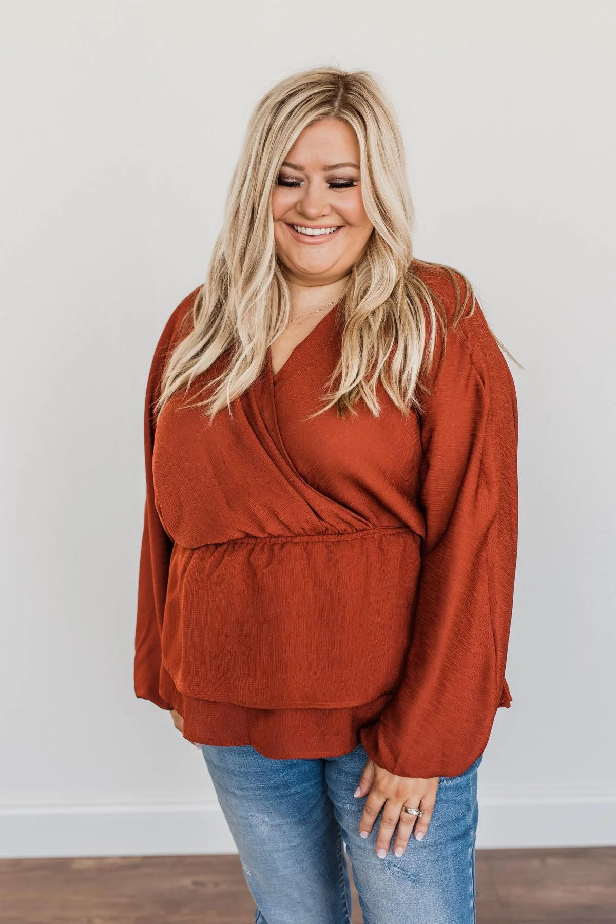 Effortlessly Elegant V-Neck Wrap Blouse- Deep Rust - Image 4