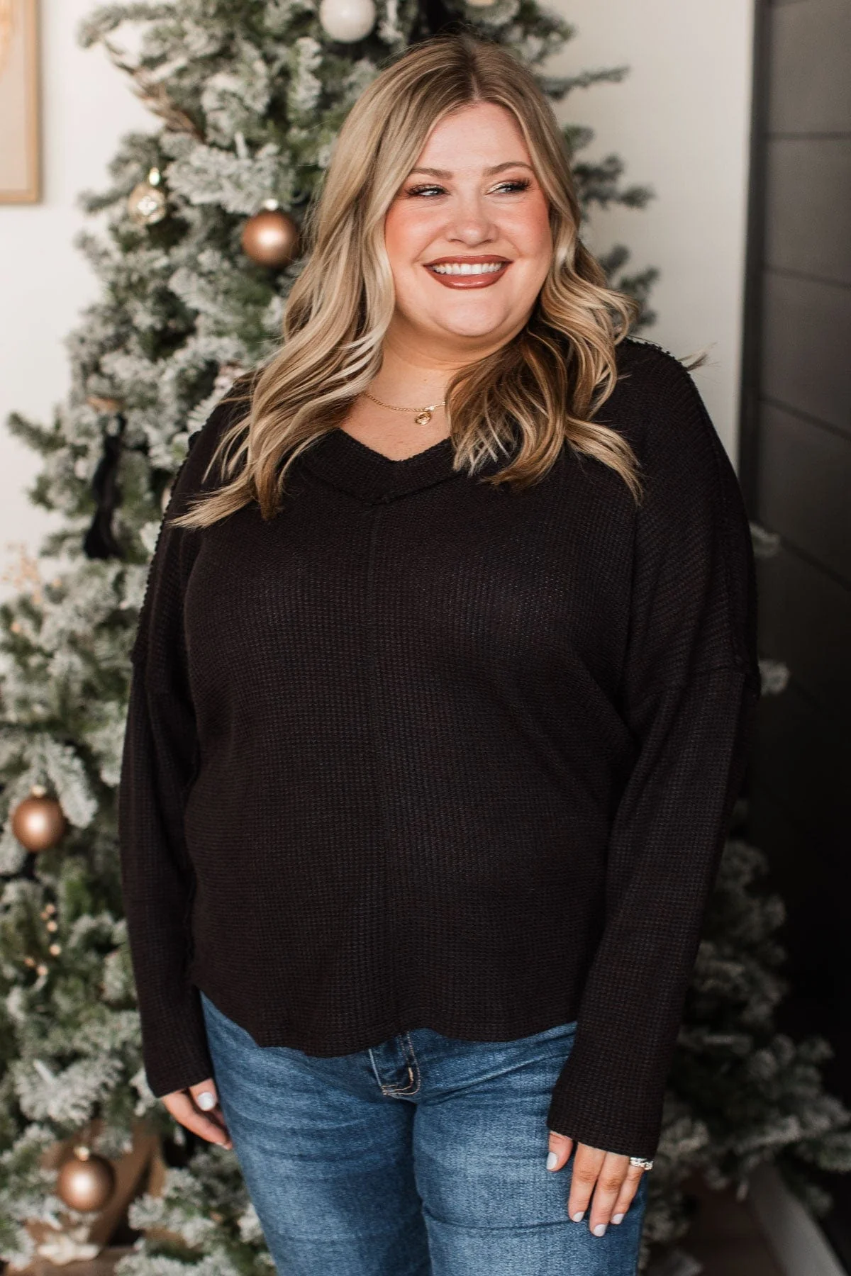 Effortlessly Happy V-Neck Knit Top- Black - Image 2