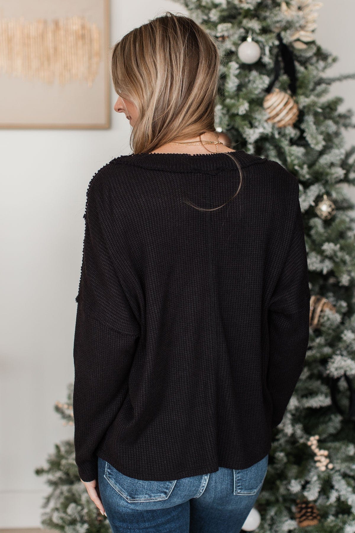 Effortlessly Happy V-Neck Knit Top- Black - Image 8
