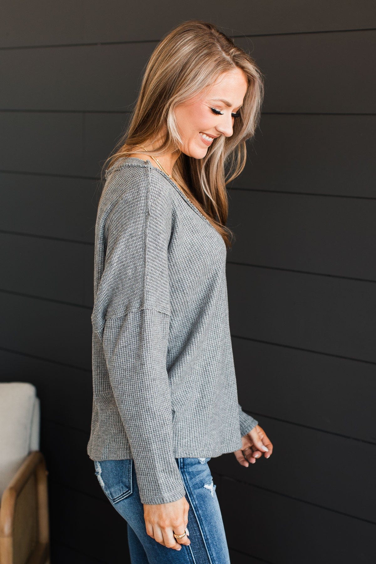 Effortlessly Happy V-Neck Knit Top- Grey - Image 6