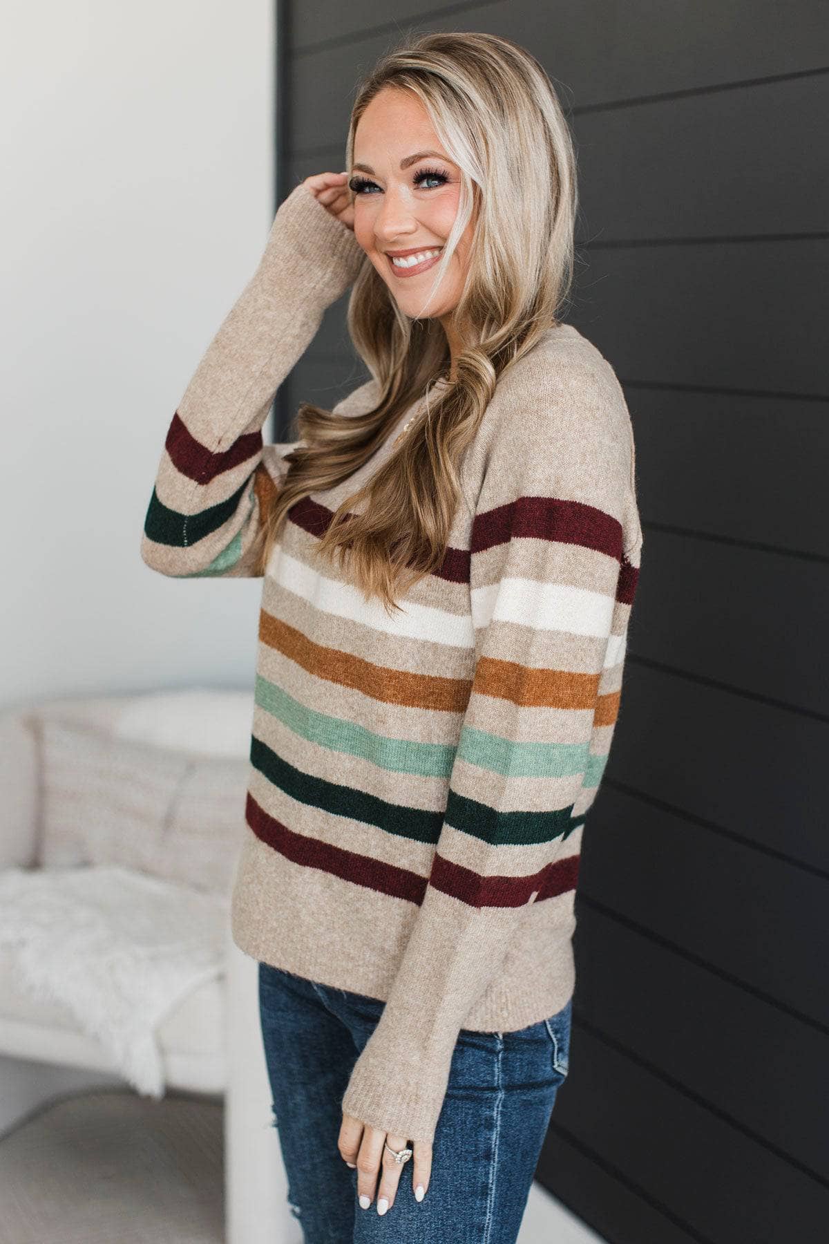 Effortlessly Inspired Striped Knit Sweater- Taupe - Image 5