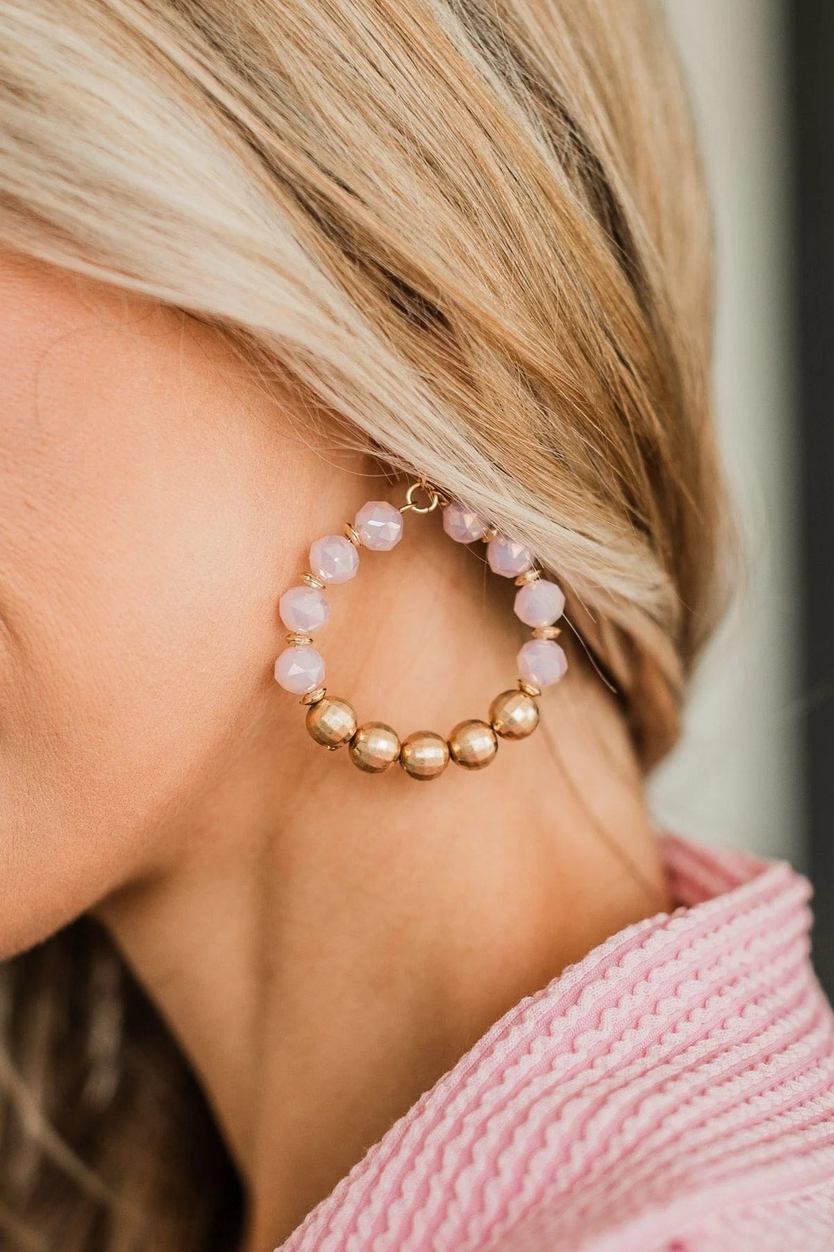 Elegant Beauty Beaded Hoop Earrings- Pink - Image 2