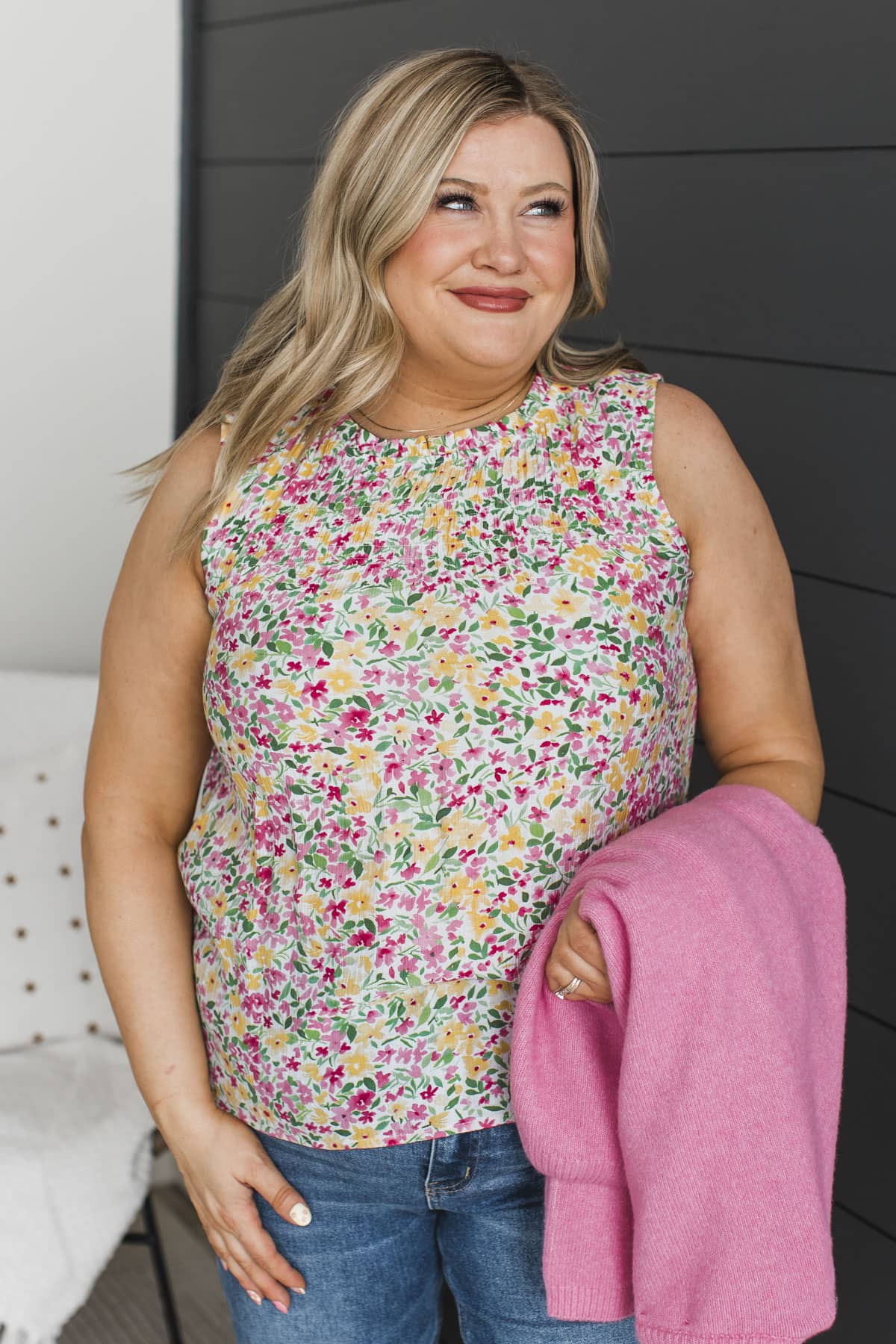 Embellish A Little Floral Sleeveless Blouse- Pink & Yellow - Image 3