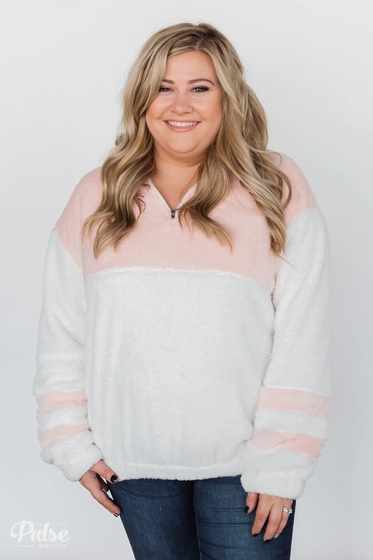 Embrace Cozy Quarter Zip Pullover- White & Blush - Image 11