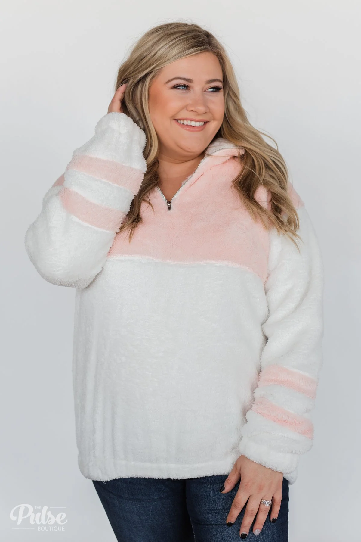 Embrace Cozy Quarter Zip Pullover- White & Blush - Image 12